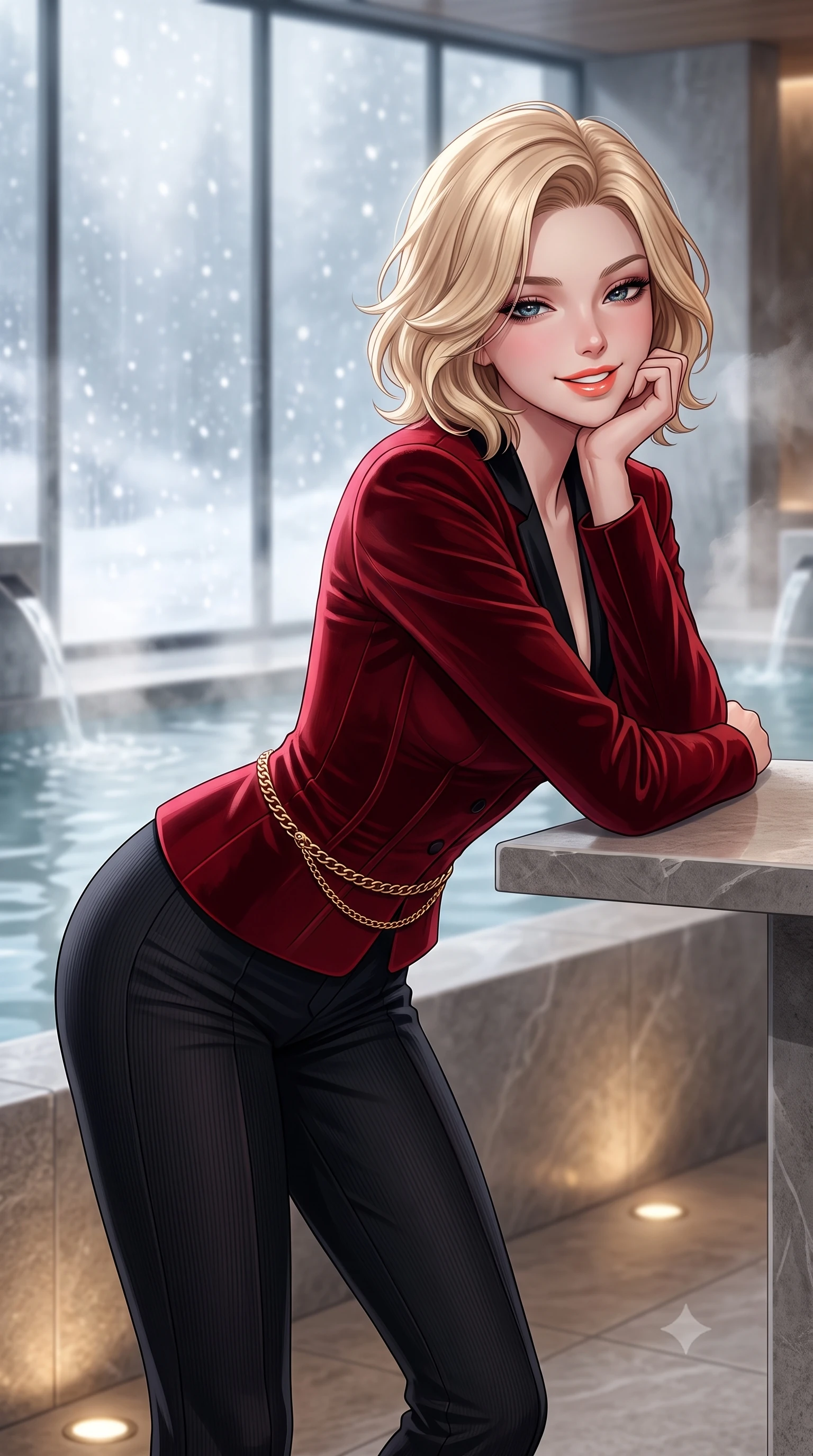 score_9, masterpiece, best quality, ultra-detailed, high-budget anime keyframe, semi-realistic 3D game render, editorial fashion photography, tasteful artistic composition, Caucasian woman. close-up cowboy shot from the waist and thighs up, the character dominates the composition, filling the frame with her large presence. resting one elbow on the table and supporting her chin, leaning close to the camera with heavy-lidded sparkling eyes and parted lips while walking past steaming indoor hydrotherapy fountains toward the glass wall looking out at falling snow, turning with radiant poise. The background shows a soft-focus minimalist stone water features softened in peaceful Swiss alpine wellness sanctuary shallow focus. She has an exceptionally elegant, slender, and willowy female figure with an ultra-slim waist, flat toned midriff, narrow ribcage, and sculpted feminine hips creating an alluring, slim hourglass silhouette without bulk. sharp v-shaped jawline, high-bridge nose, intricate jewel-like sparkling eyes with depth, thick eyelashes, glossy parted lips with a natural peach sheen, bright cheerful beaming smile with an enchanting and coquettish sensual glint, exuding both youthful cute charm and seductive allure, flawlessly proportioned anatomical accuracy, strict slender model proportions, natural body alignment, perfectly sculpted long slender limbs, ultra-slim waistline, clean dynamic posture without body distortion. wearing a tailored corseted velvet blazer jacket worn closed over a tight-fitting silk camisole and sleek tailored cigarette pants in Kyoto autumn maple crimson and deep ink black, woven from fine elastic rib-knit fabric tracing every millimeter of her slender torso, finished with a sleek gold chain belt resting snugly across her narrow waist and curving hips, the second-skin tailored fabric adhering flawlessly to her sculpted flat midriff and slender torso, emphasizing her long leg lines and perfectly proportioned willowy build. bathed in calm diffused winter daylight filtering through steamy glass panes combined with warm 2800K recessed floor lights. highly saturated vibrant anime colors, detailed shading with soft gradients, rich glossy textures, high-contrast stereoscopic depth, volumetric dynamic lighting, master piece, 9:16 ratio