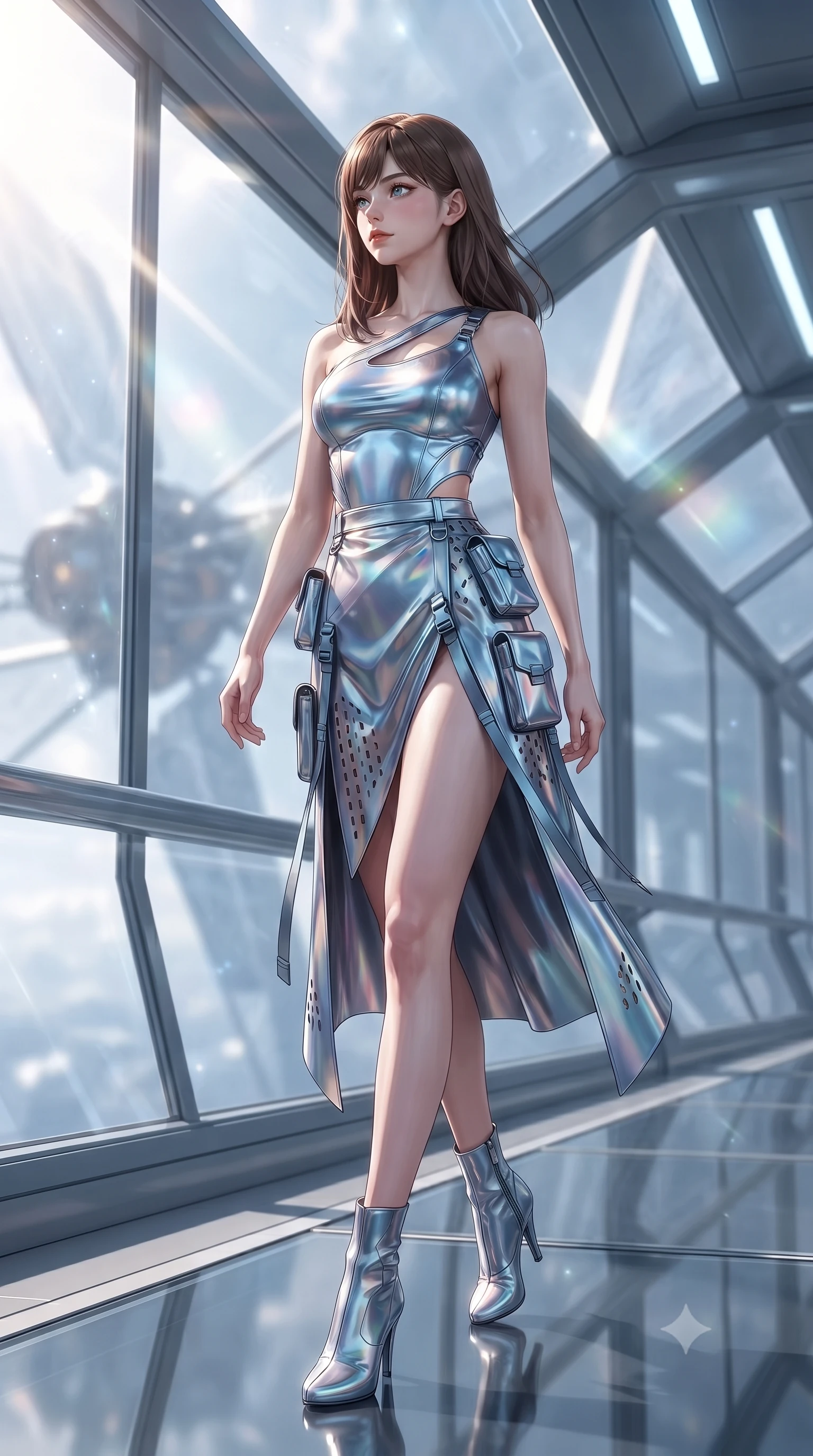 score_9, masterpiece, best quality, ultra-detailed, high-budget anime keyframe, editorial fashion photography, tasteful artistic composition, Korean woman. low angle full-body shot from head to toe showing her feet, filling the entire 9:16 vertical frame with her statuesque presence, stretching her vertical silhouette. walking slowly along a glass skybridge, looking back over her shoulder with an air of effortless grace, the background shows a soft-focus a solar sail ship bridge with curved panoramic windows showing solar flares. She has an absolutely perfect, statuesque 8.5-heads proportion, an exceptionally tall and slender model-like female figure with impossibly long slender legs and an ultra-slim waist. sharp v-shaped jawline, high-bridge nose, intricate jewel-like eyes with depth, thick eyelashes, glossy lips with a natural sheen. wearing a body-hugging asymmetric one-shoulder nanotech bodice paired with a daring high-slit tactical utility wrap skirt. dazzling white solar radiation rays refracting through triple-glazed glass. ultra-reflective glossy finish, specular highlights, metallic sheen, high-contrast stereoscopic depth, volumetric dynamic lighting, 2k, ultra detail, master piece, 9:16 ratio