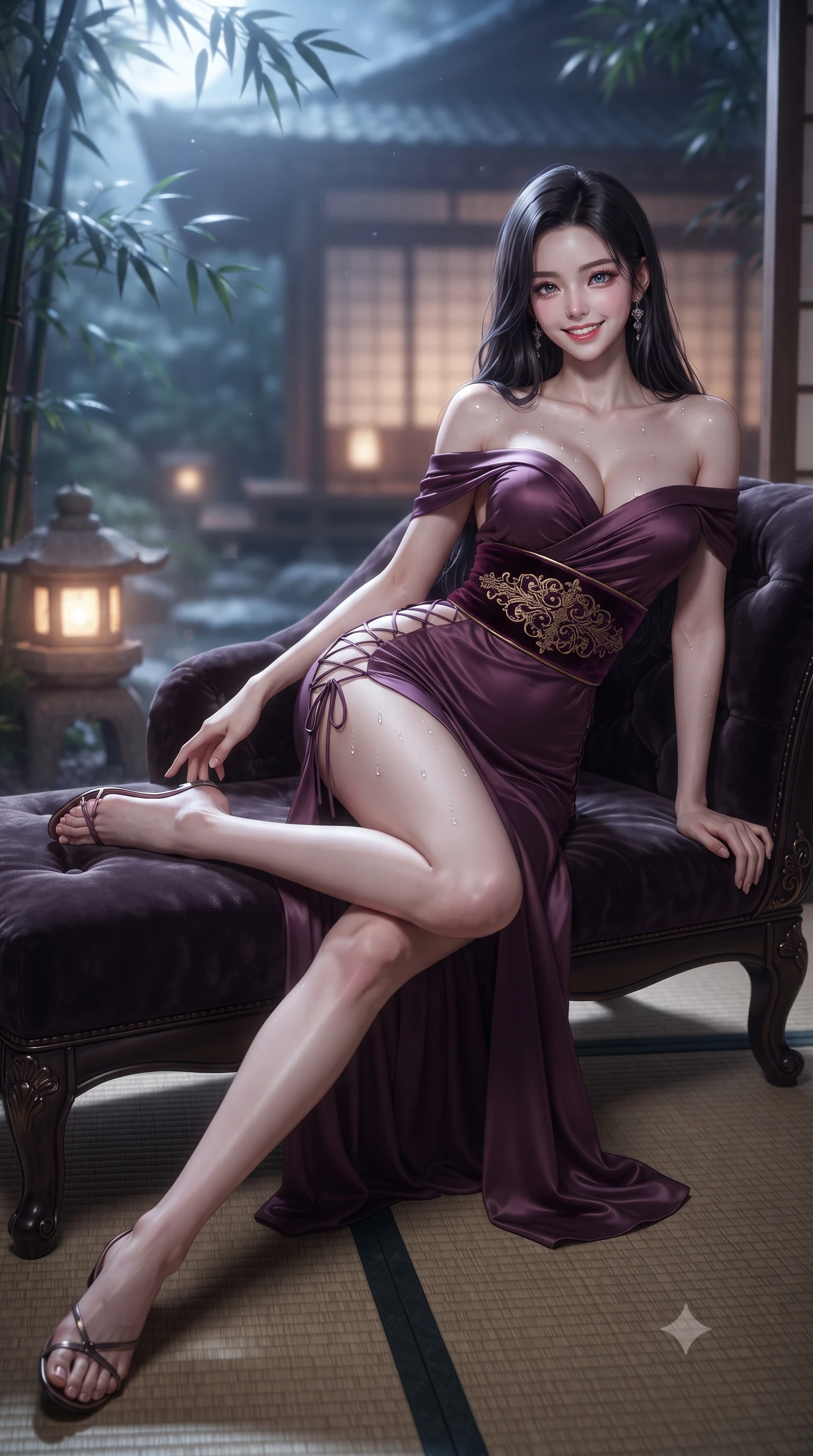 score_9, masterpiece, best quality, ultra-detailed, high-budget anime keyframe, editorial fashion photography, tasteful artistic composition, Korean woman. low angle full-body shot from head to toe showing her feet, filling the entire 9:16 vertical frame with her statuesque presence, stretching her vertical silhouette. reclining gracefully across the plush chaise lounge with one leg extended, her sculpted silhouette and flat midriff radiating magnetic nocturnal glamour while twisting her slender torso in an alluring S-curve, glistening hot spring droplets and silver moonlight tracing her flat midriff and hips. The background shows a soft-focus traditional shoji pavilion softened in intimate Japanese hot spring sanctuary shallow focus. She has an exceptionally tall and slender model-like 8.5-heads proportion, an ultra-slim waist, a flat toned midriff, narrow delicate ribcage, and beautifully sculpted feminine hips creating a graceful, slim hourglass silhouette without any bulky heaviness, with impossibly long slender legs. sharp v-shaped jawline, high-bridge nose, intricate jewel-like sparkling eyes with depth, thick eyelashes, glossy parted lips with a natural peach sheen, bright cheerful beaming smile with an enchanting and coquettish sensual glint, exuding both youthful cute charm and seductive allure, flawlessly proportioned anatomical accuracy, strict slender model proportions, natural body alignment, perfectly sculpted long slender limbs, ultra-slim waistline, clean dynamic posture without body distortion. wearing a backless Japanese silk robe-inspired cocktail dress slipping gracefully off bare shoulders with a cinched obi belt in opulent dark velvet plum and gilded filigree, made of fluid liquid jersey with seamless sculpting hold and smooth contours, featuring fine criss-cross lace-up side ties revealing tantalizing glimpses of her hip curve, the liquid-tight tailored fabric clinging flawlessly to her narrow waist and rounded feminine hips, emphasizing every millimeter of her sculpted slim hourglass curves without any bulky heaviness. bathed in mystical cool silver moonlight filtering through swaying bamboo leaves combined with warm 2700K stone lantern glow. ultra-reflective glossy finish, specular highlights, rich textural contrasts, high-contrast stereoscopic depth, volumetric dynamic lighting, 2k, ultra detail, master piece, 9:16 ratio