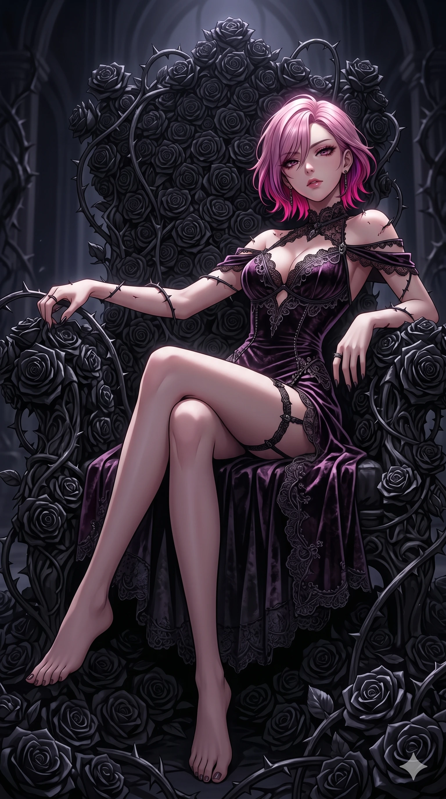 score_9, masterpiece, best quality, ultra-detailed, High-budget Anime Keyframe, East Asian woman. Dynamic full-body shot stretching the vertical silhouette to the limit. Scenario 140: Resting on a throne of black roses, thorns grazing her skin. Her presence is magnetic and overpowering in this high-budget anime scene. Outfit 140: A crushed dark velvet garter with a low-cut shoulder and delicate lace embroidery. The clothing is designed to emphasize her exceptionally tall and slender 8-heads proportion. 8-heads proportion, towering silhouette, ultra-slim waist. sharp v-shaped jawline, intricate jewel-like eyes with depth, thick eyelashes, glossy lips. 2k, ultra detail, master piece, 9:16 ratio