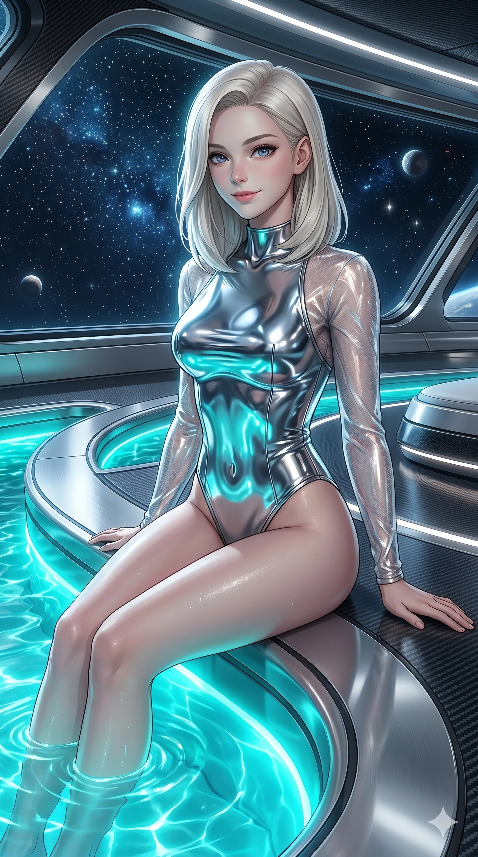 score_9, masterpiece, best quality, ultra-detailed, high-budget anime keyframe, editorial fashion photography, tasteful artistic composition, Caucasian woman, strictly human ears. Upper body close-up from the thighs up, character filling the screen for maximum presence. On a luxury space yacht deck, next to a private pool, sitting on the edge of the pool, looking out into the void with a calm smile. She is wearing a sleek high-fashion unitard with liquid-chrome finish and sheer sleeves. The scene is lit by the glowing turquoise water of the pool and distant stars. 2k, ultra detail, master piece, 9:16 ratio