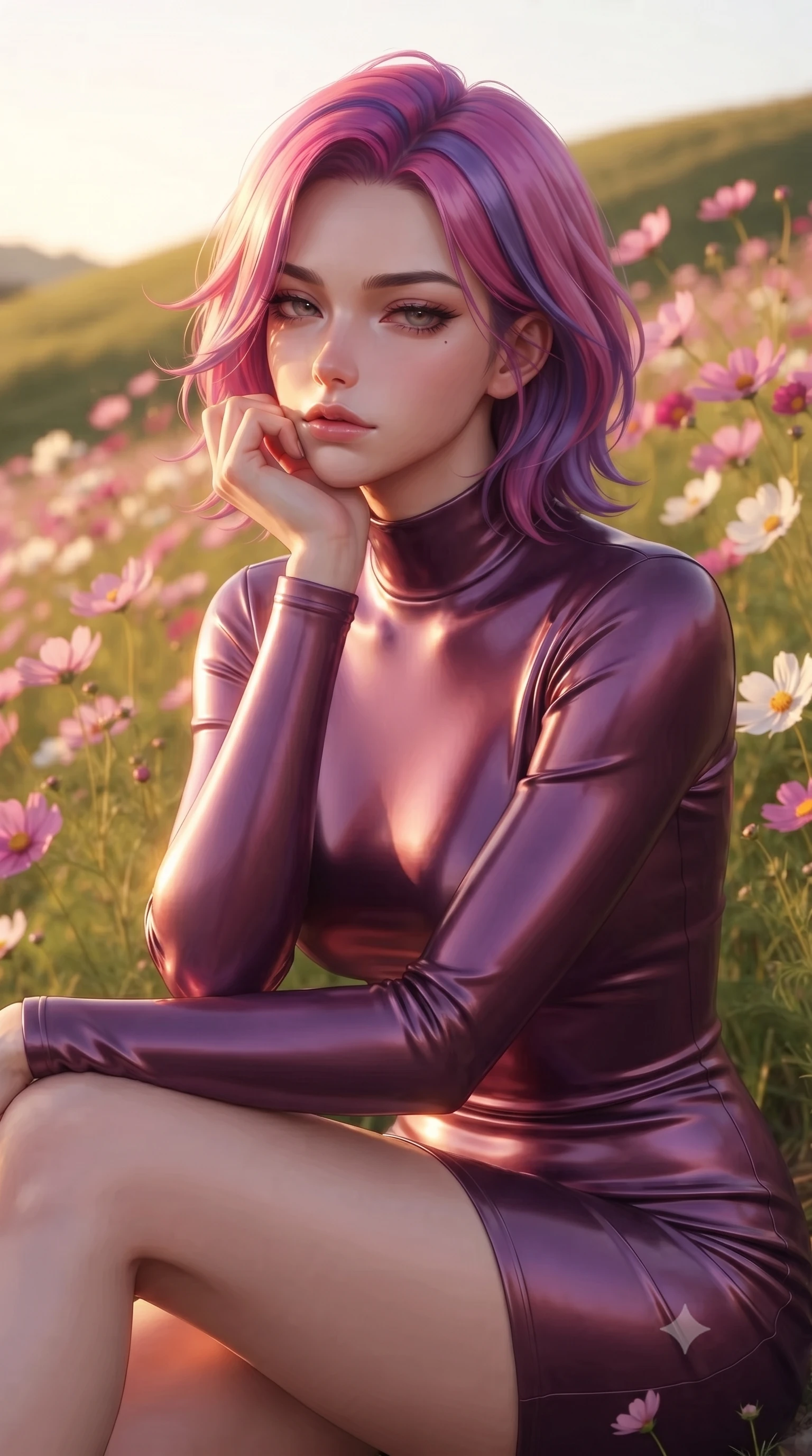 score_9, masterpiece, best quality, ultra-detailed, high-budget anime keyframe, editorial fashion photography, tasteful artistic composition, Caucasian woman woman. close-up cowboy shot from the waist and thighs up, the character dominates the composition, filling the frame with her large presence, background elements kept in soft focus. resting her chin on the backs of her fingers, casting a heavy-lidded, sultry look past the camera the background shows a soft-focus a grassy hill covered in pink and white cosmos flowers swaying in the wind. She has an exceptionally elegant, slender, and willowy female figure with an ultra-slim waist, a gracefully sculpted slender torso, and a refined silhouette. sharp v-shaped jawline, high-bridge nose, intricate jewel-like eyes with depth, thick eyelashes, glossy lips with a natural sheen. wearing a form-contouring body-hugging mock-neck dress in deep plum purple, contouring her slender torso. warm late afternoon sun rays coloring the cosmos petals in vibrant tones. ultra-reflective glossy finish, specular highlights, metallic sheen, high-contrast stereoscopic depth, volumetric dynamic lighting, 2k, ultra detail, master piece, 9:16 ratio
