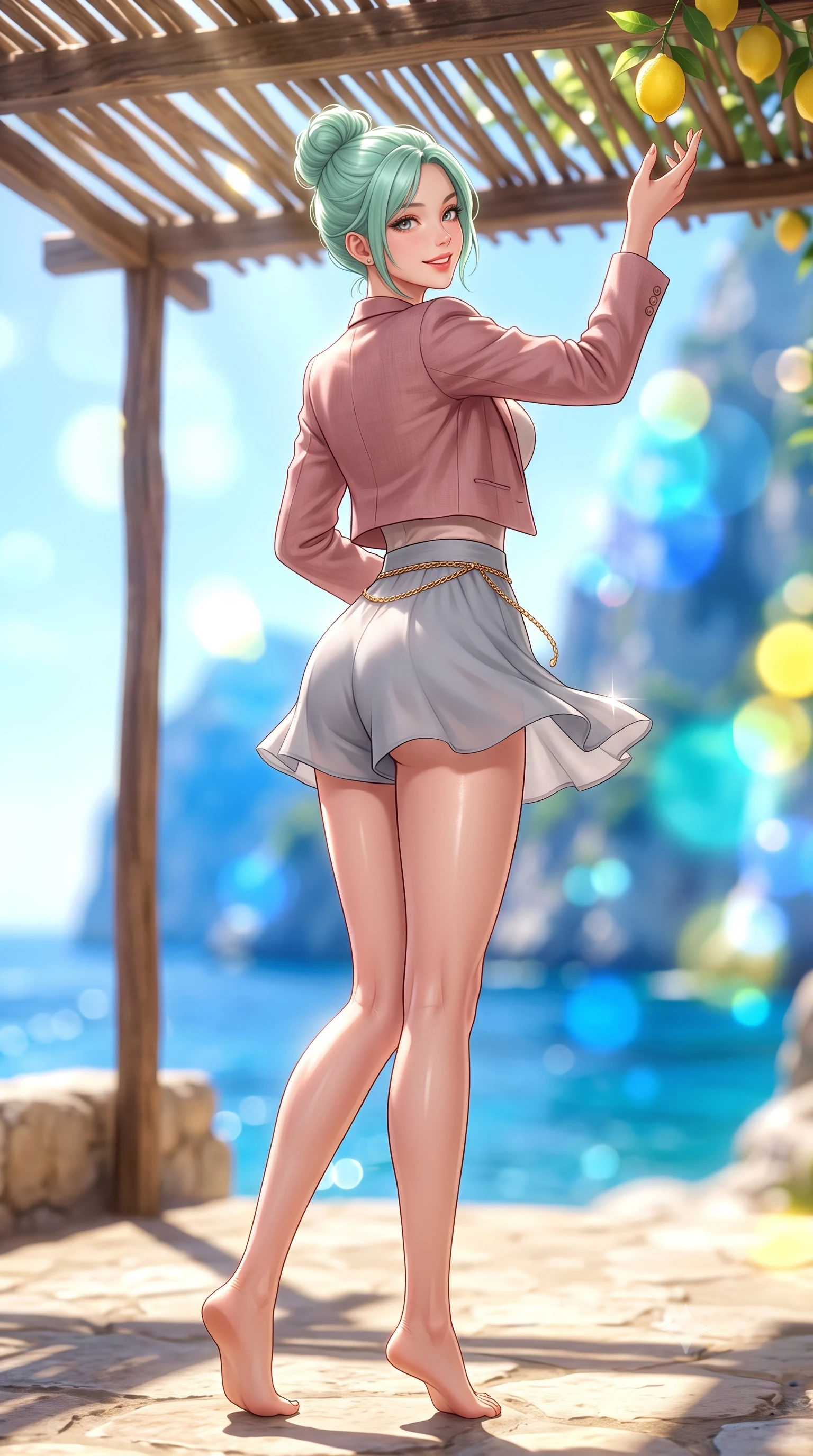 score_9, masterpiece, best quality, ultra-detailed, high-budget anime keyframe, semi-realistic 3D game render, editorial fashion photography, tasteful artistic composition, Japanese woman. low angle full-body shot from head to toe showing her feet, filling the entire 9:16 vertical frame with her statuesque presence, stretching her vertical silhouette. executing a cheerful mid-motion pivot turn as her skirt flutters around her slender legs, glancing over her shoulder with an intoxicating, teasing cute expression while reaching up playfully with one hand toward a ripe yellow lemon in the rustic pergola, arching her back to highlight her curvaceous hips and flat midriff. The composition keeps background elements in soft focus with dreamy creamy bokeh. sun-drenched cobalt Mediterranean sea and dramatic Capri limestone cliffs blurred into radiant sapphire, turquoise, and lemon-yellow bokeh. She has an exceptionally tall and slender model-like 8.5-heads proportion, an ultra-slim waist, a flat toned midriff, narrow delicate ribcage, and beautifully sculpted feminine hips creating a graceful, slim hourglass silhouette without any bulky heaviness, with impossibly long slender legs. sharp v-shaped jawline, high-bridge nose, intricate jewel-like sparkling eyes with depth, thick eyelashes, glossy parted lips with a natural peach sheen, bright cheerful beaming smile with an enchanting and coquettish sensual glint, exuding both youthful cute charm and seductive allure, flawlessly proportioned anatomical accuracy, strict slender model proportions, natural body alignment, perfectly sculpted long slender limbs, ultra-slim waistline, clean dynamic posture without body distortion. wearing a chic cropped linen blazer worn with a plunging-V camisole and high-waisted tailored hot-pants showcasing her long slender legs in dusty rose and soft dove grey, tailored from fine lightweight chiffon that flutters gently in the breeze, accented with a delicate gold chain belt resting loosely on her curvy hips, the form-contouring cut accentuating her sculpted flat midriff, narrow delicate ribcage, and gracefully curvy hips with supermodel precision. illuminated by intense specular sea surface glints defining her sculpted collarbones, narrow waist, and curvy hips. highly saturated vibrant anime colors, detailed shading with soft gradients, rich glossy textures, high-contrast stereoscopic depth, volumetric dynamic lighting, master piece, 9:16 ratio
