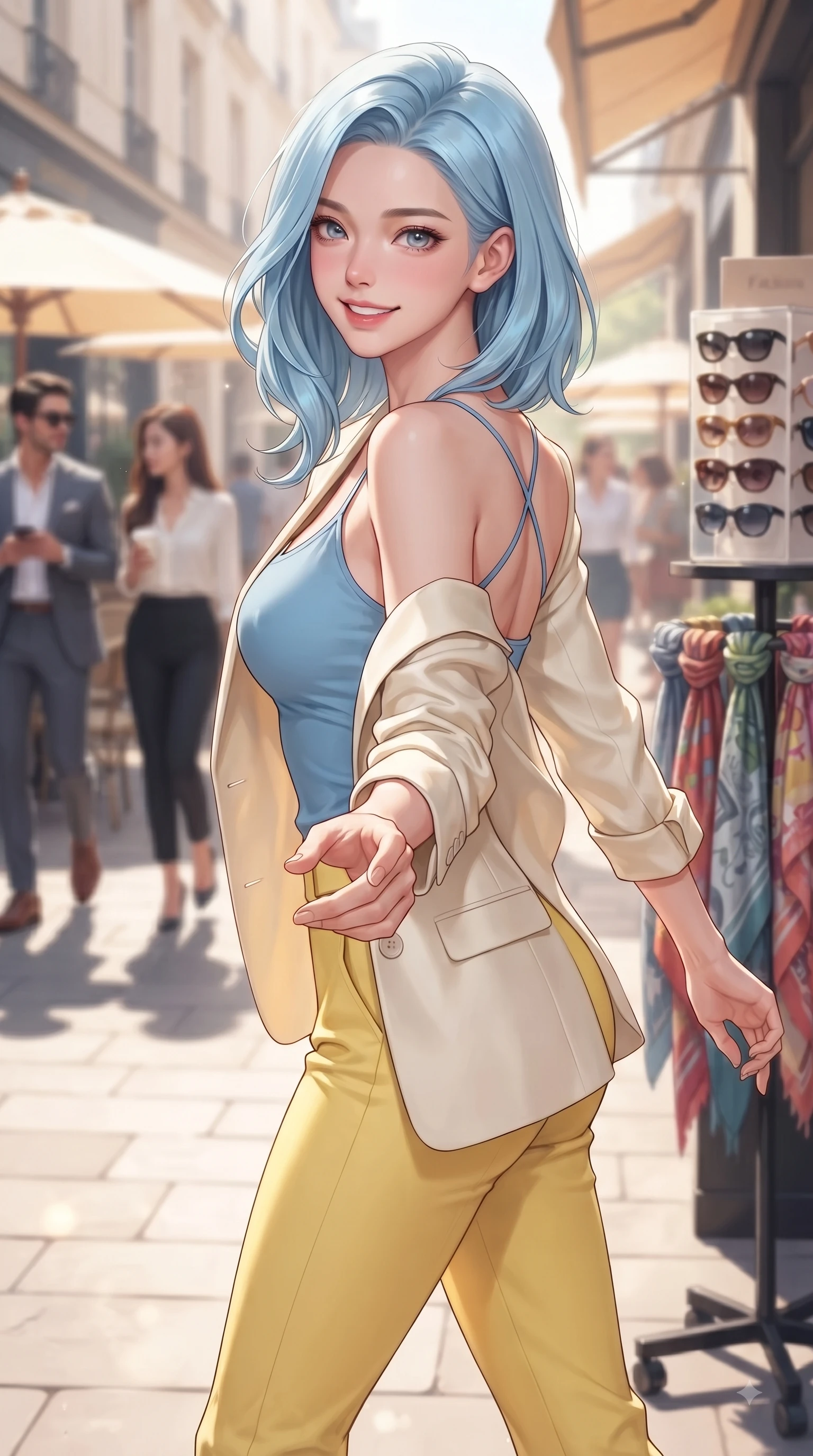 score_9, masterpiece, best quality, ultra-detailed, high-budget anime keyframe, editorial fashion photography, tasteful artistic composition, Korean woman. close-up cowboy shot from the waist and thighs up, the character dominates the composition, filling the frame with her large presence. Gazing directly into the camera with a fresh, infectious smile as her torso curves dynamically in mid-stride while reaching out playfully toward the camera while browsing an outdoor fashion accessory display. The composition keeps background elements in soft focus with dreamy bokeh. sunlit cafe terraces and stylish passersby softened in a dreamy shallow depth of field. She has an exceptionally elegant, slender, and willowy female figure with an ultra-slim waist, a gracefully sculpted slender torso, and a refined silhouette. sharp v-shaped jawline, high-bridge nose, intricate jewel-like eyes with depth, thick eyelashes, glossy lips with a natural sheen, flawlessly proportioned anatomical accuracy, natural body alignment, perfectly sculpted elegant limbs, clean dynamic posture without body distortion. wearing a tailored cream silk blazer over a fitted scoop-neck camisole and slacks in sunny canary yellow and clear sky blue, made of premium stretch jersey that follows her curves like a glove, finished with delicate criss-cross back straps highlighting her bare shoulders, the tailored fabric tightly following every curve of her athletic build. surrounded by a lively, stylish, and fresh city atmosphere. ultra-reflective glossy finish, specular highlights, metallic sheen, high-contrast stereoscopic depth, volumetric dynamic lighting, 2k, ultra detail, master piece, 9:16 ratio