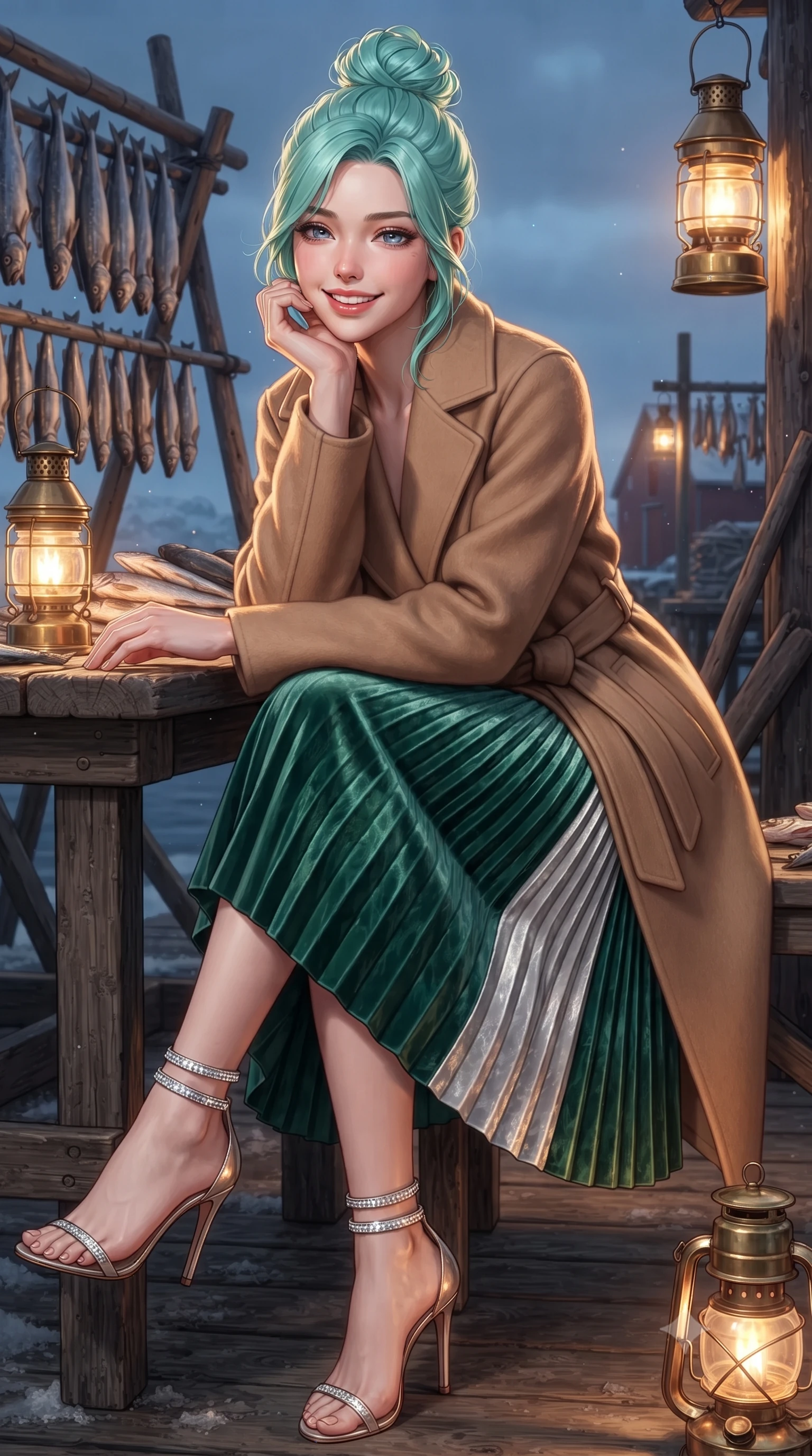 score_9, masterpiece, best quality, ultra-detailed, high-budget anime keyframe, editorial fashion photography, tasteful artistic composition, Japanese woman. close-up cowboy shot from the waist and thighs up, the character dominates the composition, filling the frame with her large presence. resting one elbow on the table and supporting her chin, leaning close to the camera with heavy-lidded sparkling eyes and parted lips while twisting her slender torso in an alluring S-curve beside the drying cod racks, warm lantern light caressing her narrow waist and curvy hips. The surrounding environment is rendered in vivid detail and crisp panoramic clarity: detailed garment cut, fine fabric drape, and UNESCO heritage wooden craft in high resolution. She has an exceptionally elegant, slender, and willowy female figure with an ultra-slim waist, flat toned midriff, narrow ribcage, and sculpted feminine hips creating an alluring, slim hourglass silhouette without bulk. sharp v-shaped jawline, high-bridge nose, intricate jewel-like sparkling eyes with depth, thick eyelashes, glossy parted lips with a natural peach sheen, bright cheerful beaming smile with an enchanting and coquettish sensual glint, exuding both youthful cute charm and seductive allure, flawlessly proportioned anatomical accuracy, strict slender model proportions, natural body alignment, perfectly sculpted long slender limbs, ultra-slim waistline, clean dynamic posture without body distortion. wearing a tailored double-faced camel cashmere wrap coat paired with an accordion pleated wool skirt in Art Nouveau malachite green and antique starlight silver, tailored from ultra-plush silk velvet with rich tactile depth and deep shadow gradients, complemented by strappy stiletto sandals with crystal ankle wraps accentuating her slender calves, the bespoke structured tailoring following the natural line of her 8.5-heads silhouette with refined elegance. bathed in the warm 2300K glow of vintage brass dock lanterns contrasted with cool Arctic evening sky. ultra-reflective glossy finish, specular highlights, rich textural contrasts, high-contrast stereoscopic depth, volumetric dynamic lighting, 2k, ultra detail, master piece, 9:16 ratio