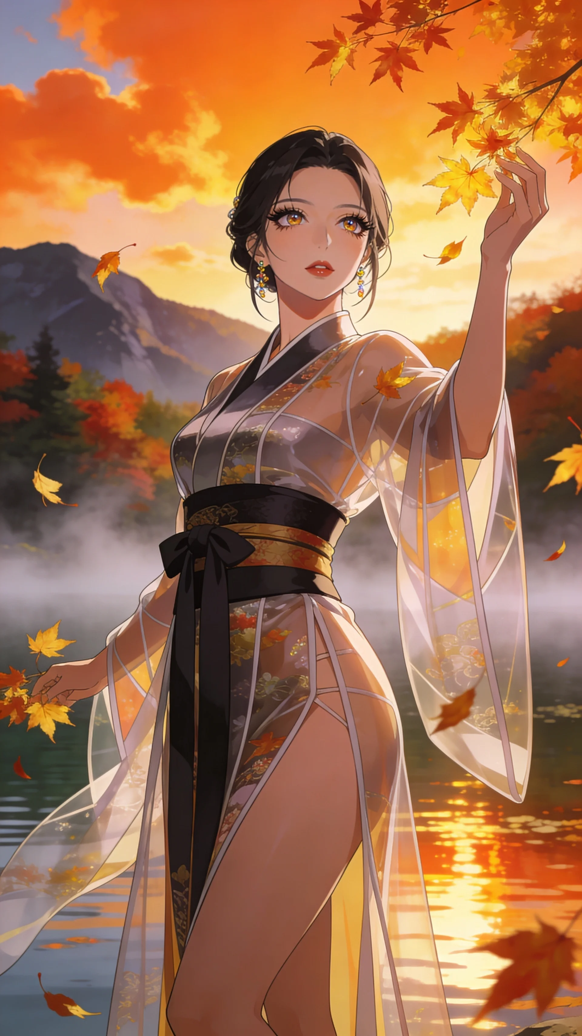 score_9, masterpiece, best quality, ultra-detailed, Set C: High-budget Anime Keyframe, Korean woman. Upper body close-up from the thighs up, character filling the screen for maximum presence. Catching falling golden maple leaves by a misty mountain lake at a fiery sunset. She has an absolutely perfect 8-heads proportion, an exceptionally tall and slender female figure with an slender waist and graceful posture. Sharp v-shaped jawline, high-bridge nose, intricate jewel-like eyes with depth, thick eyelashes, glossy lips. Wearing a Modern Traditional outfit: fusion silk robes with transparent panels and a wide obi. Background is a bright and colorful autumn landscape with glowing orange clouds and misty reflections. 2k, ultra detail, master piece, 9:16 ratio