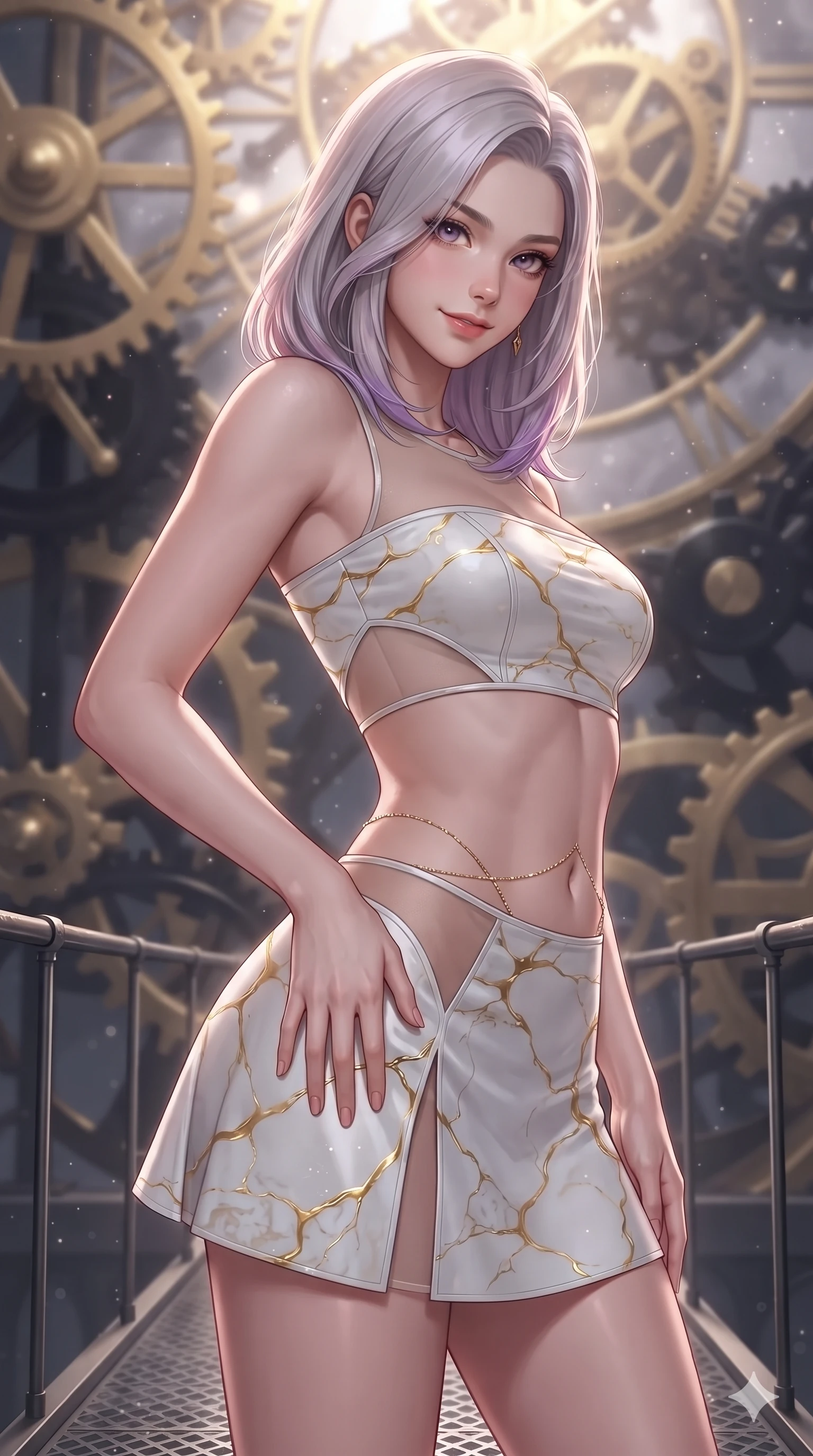 score_9, masterpiece, best quality, ultra-detailed, high-budget anime keyframe, editorial fashion photography, tasteful artistic composition, Caucasian woman. close-up cowboy shot from the waist and thighs up, the character dominates the composition, filling the frame with her large presence. tilting her head with a teasing half-smile, running one hand slowly down the side of her hip in a flirtatious S-curve as ambient light caresses her silhouette while standing poised on the suspended observation bridge amidst monumental interlocking brass and obsidian gear trains, arching her back with siren allure as celestial clockwork ticks. The background shows a soft-focus astronomical observatory particulate glow softened in celestial clockwork tower shallow focus. She has an exceptionally elegant, slender, and willowy female figure with an ultra-slim waist, flat toned midriff, narrow ribcage, and sculpted feminine hips creating an alluring, slim hourglass silhouette without bulk. sharp v-shaped jawline, high-bridge nose, intricate jewel-like sparkling eyes with depth, thick eyelashes, glossy parted lips with a natural peach sheen, bright cheerful beaming smile with an enchanting and coquettish sensual glint, exuding both youthful cute charm and seductive allure, flawlessly proportioned anatomical accuracy, strict slender model proportions, natural body alignment, perfectly sculpted long slender limbs, ultra-slim waistline, clean dynamic posture without body distortion. wearing an ultra-cropped fitted bandeau top paired with a micro mini tennis skirt revealing her flat toned midriff in Kintsugi celestial white porcelain and liquid gold, featuring strategic sheer-illusion tulle side panels framing her ribcage and hips, accented with a dainty gold belly chain resting across her flat midriff and curving hips, the impeccably tailored cut draping gracefully along her slender figure with aristocratic poise. illuminated by gear train reflection bounce and sharp gold-violet rim lights sculpting her razor-sharp jawline, narrow waist, and curvy hips. ultra-reflective glossy finish, specular highlights, rich textural contrasts, high-contrast stereoscopic depth, volumetric dynamic lighting, 2k, ultra detail, master piece, 9:16 ratio
