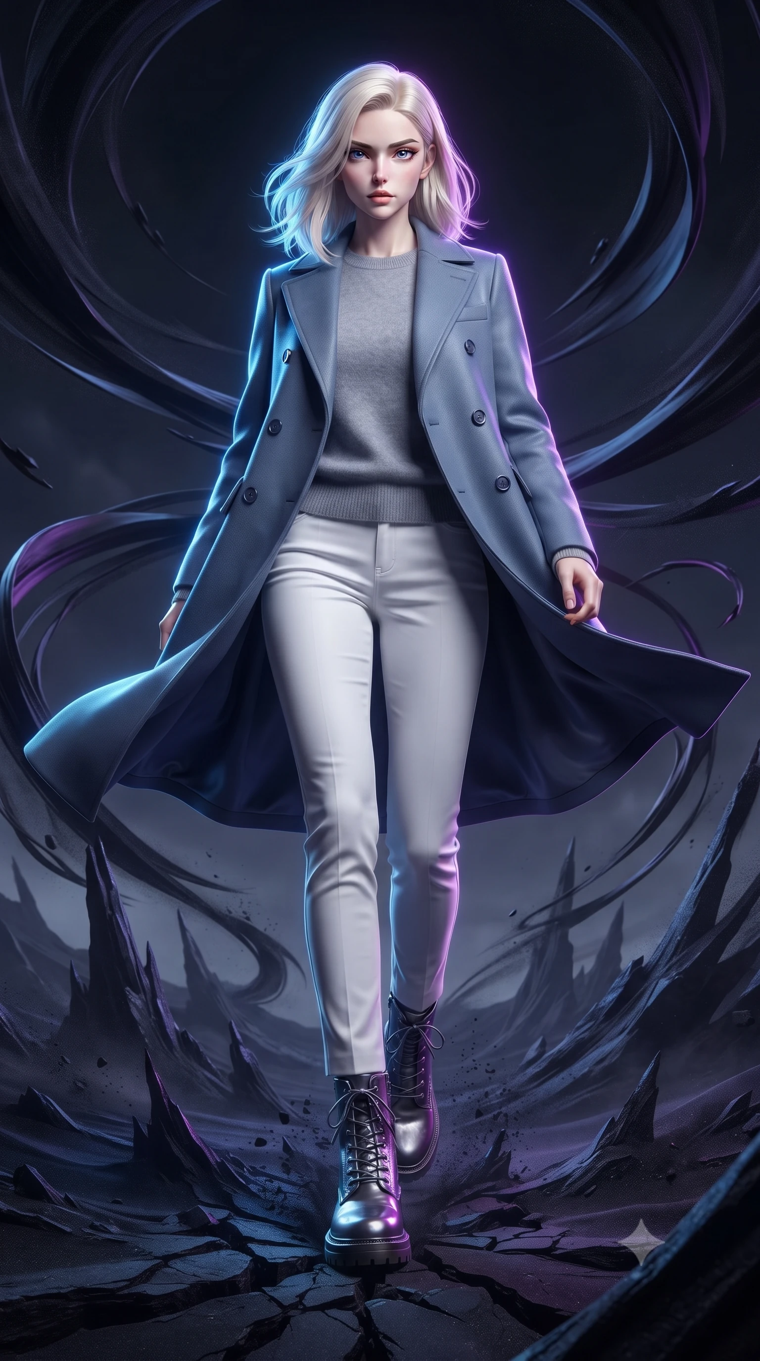 score_9, masterpiece, best quality, ultra-detailed, high-budget anime keyframe, editorial fashion photography, tasteful artistic composition, realistic cosplay photography, Caucasian woman, strictly human ears. low angle full-body shot from head to toe showing her feet, filling the entire 9:16 vertical frame with her statuesque presence, stretching her vertical silhouette. descending rapidly from above, her boots crushing the ground with impactful force within a valley of magnetic black sand rising in jagged spires and swirling ribbons in response to unseen gravitational anomalies. She has a statuesque 8.5-heads proportion, an exceptionally tall, slender and willowy model-like build with impossibly long legs and a highly sculpted ultra-slim waist. sharp v-shaped jawline, high-bridge nose, intricate jewel-like eyes with depth, thick eyelashes, glossy lips with a natural sheen. wearing the lightweight fabric rippling and billowing dramatically with her movement, a tailored structured double-breasted coat in slate blue over a soft grey cashmere sweater and white slim trousers. brilliant cinematic volumetric lighting with intense neon rim light outlining her form. ultra-reflective glossy finish, specular highlights, metallic sheen, high-contrast stereoscopic depth, volumetric dynamic lighting, 2k, ultra detail, master piece, 9:16 ratio