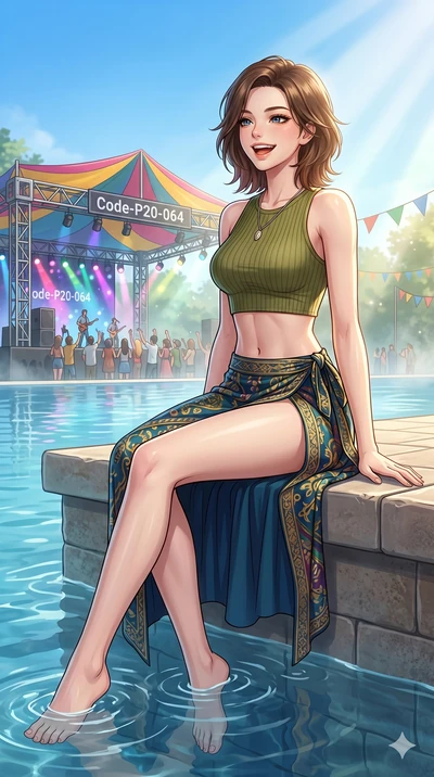 score_9, masterpiece, best quality, ultra-detailed, high-budget anime keyframe, vibrant anime aesthetic, Korean woman. cowboy shot from the thighs up, character and outfit filling the frame for maximum presence. She is sitting by the infinity pool, l