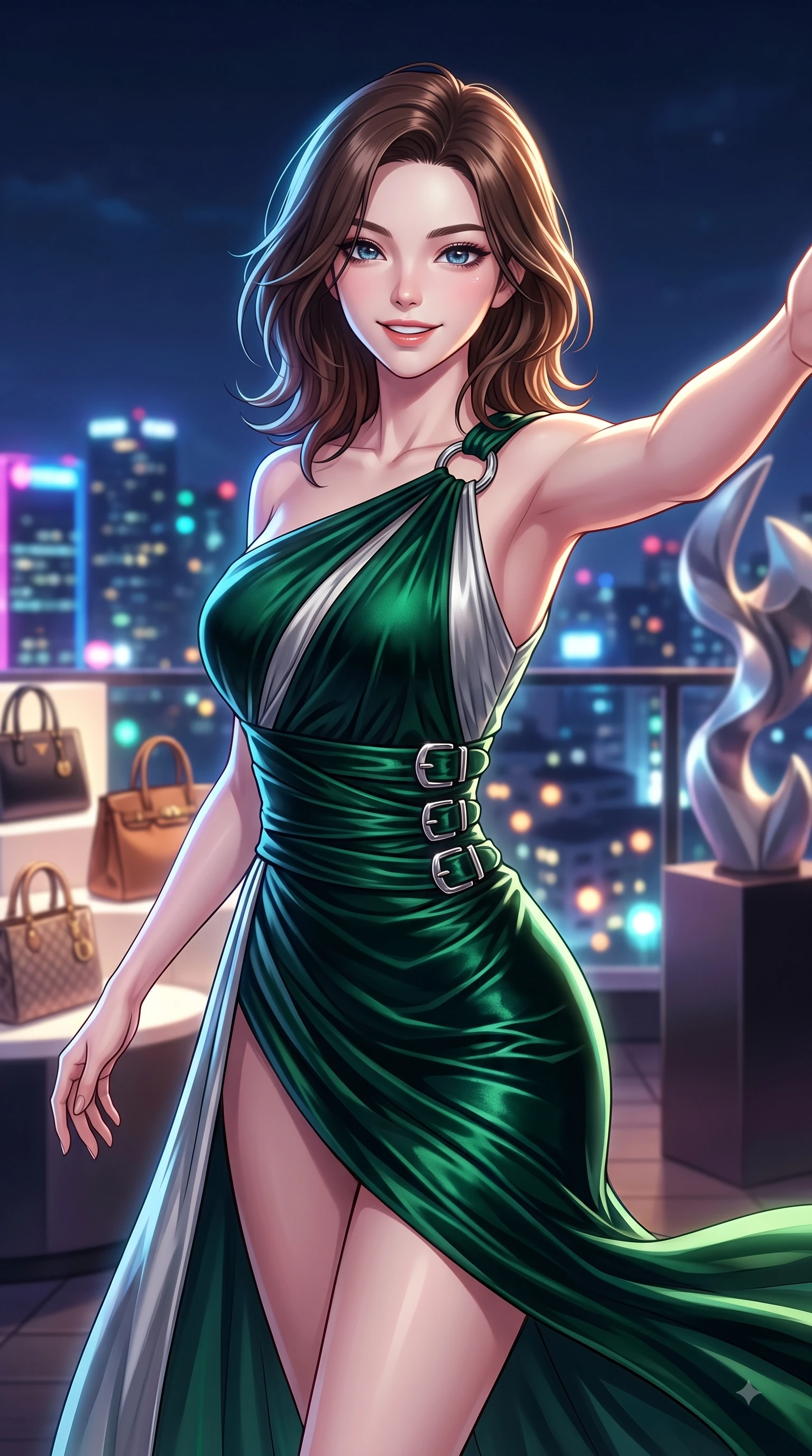 score_9, masterpiece, best quality, ultra-detailed, high-budget anime keyframe, editorial fashion photography, tasteful artistic composition, Korean woman. close-up cowboy shot from the waist and thighs up, the character dominates the composition, filling the frame with her large presence, background elements kept in soft focus. Fresh enchanting smile, her eyes twinkling like jewels in the bright sunlight as one arm reaches out cheerfully while pivoting dynamically on a open-air Itaewon rooftop lounge as city night lights twinkle below, designer handbag displays and modern art sculptures framing the opulent interior. She has an exceptionally elegant, slender, and willowy female figure with an ultra-slim waist, a gracefully sculpted slender torso, and a refined silhouette. sharp v-shaped jawline, high-bridge nose, intricate jewel-like eyes with depth, thick eyelashes, glossy lips with a natural sheen, flawlessly proportioned anatomical accuracy, natural body alignment, perfectly sculpted elegant limbs, clean dynamic posture without body distortion. wearing an asymmetrical Grecian draped chiffon gown with a metallic shoulder ring in deep emerald green and silver accent, made of premium stretch velvet with a rich sheen, detailed with polished silver buckles along the waistline, the glove-like fit emphasizing her statuesque silhouette during motion. illuminated by vibrant neon skyline glow and clear specular rim highlights. highly saturated vibrant anime colors, detailed shading with soft gradients, rich glossy textures, high-contrast stereoscopic depth, volumetric dynamic lighting, master piece, 9:16 ratio