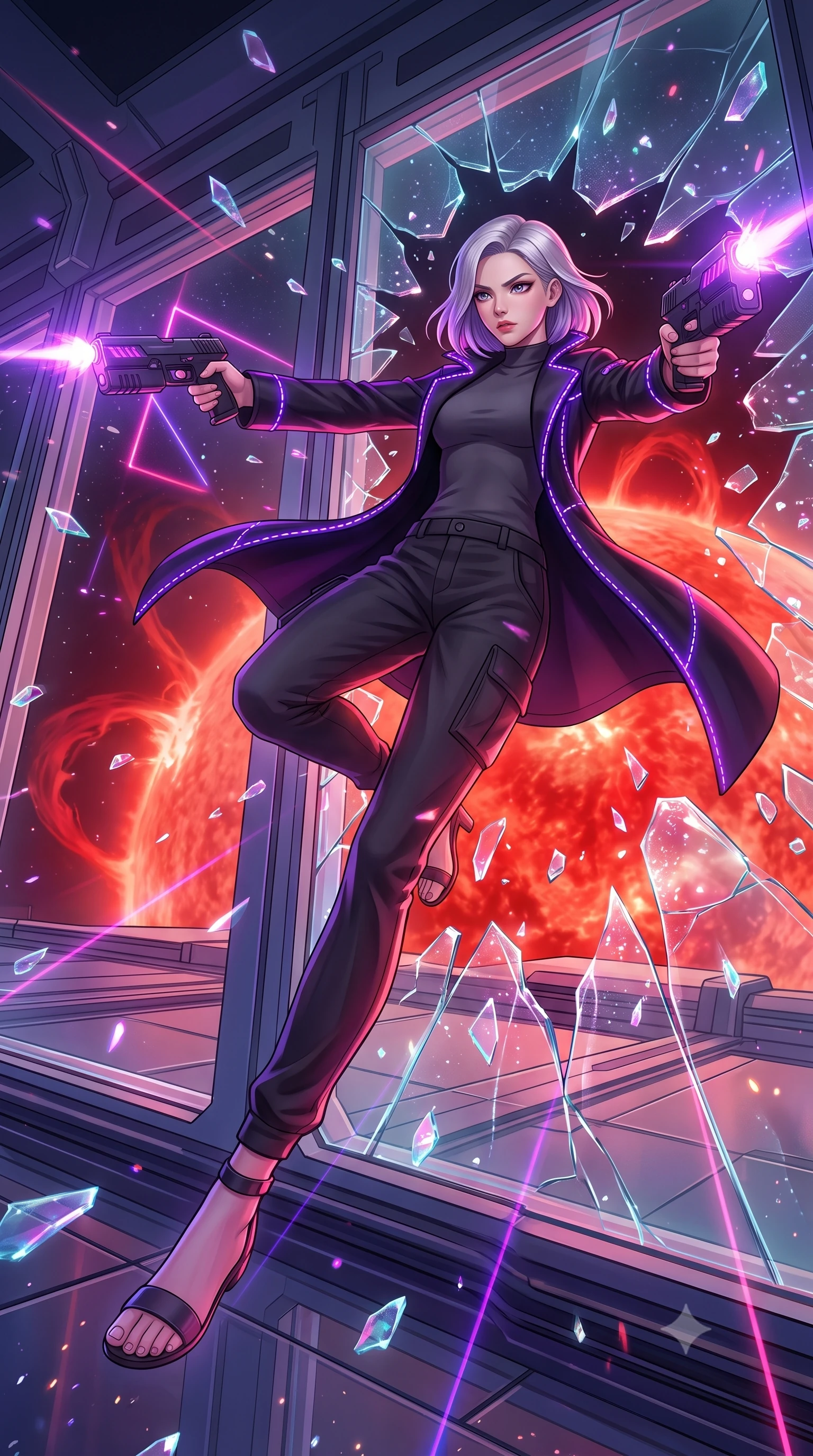 score_9, masterpiece, best quality, ultra-detailed, high-budget anime keyframe, editorial fashion photography, tasteful artistic composition, Caucasian woman, strictly human ears. low angle full-body shot from head to toe showing her feet, filling the entire 9:16 vertical frame with her statuesque presence, stretching her vertical silhouette. diving sideways through a breaking glass window while shooting her plasma blasters inside a platform orbiting a massive, dying red star, red plasma arches slowly rising from the surface in background. She has a statuesque 8.5-heads proportion, an exceptionally tall, slender and willowy model-like build with impossibly long legs and a highly sculpted ultra-slim waist. sharp v-shaped jawline, high-bridge nose, intricate jewel-like eyes with depth, thick eyelashes, glossy lips with a natural sheen. wearing catching and diffusing the glowing particles, shimmering softly in response to the surrounding light, a form-contouring tailored black neo-noir duster coat with integrated purple LED stitching along the seams, over a charcoal mock-neck shirt and utility slacks. highly saturated vibrant anime colors, intense vivid color palette, soft 3D volumetric shading, volumetric dynamic lighting, laser lines of violet and hot pink reflecting off surfaces casting geometric neon highlights. 2k, ultra detail, master piece, 9:16 ratio