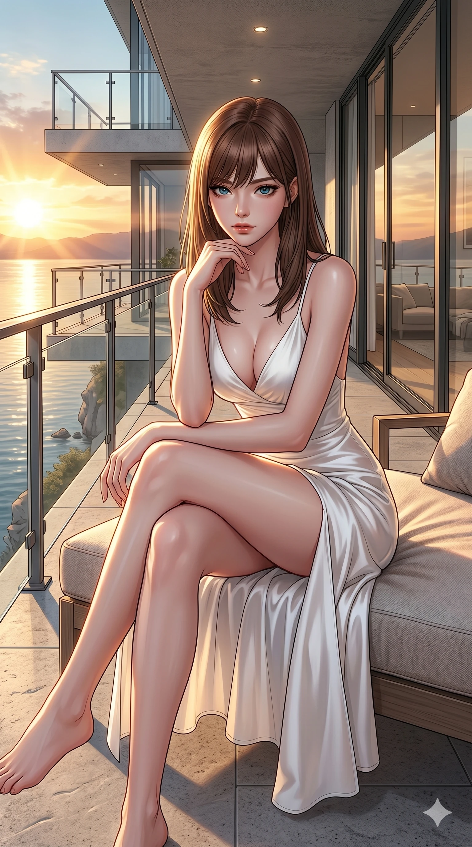 score_9, masterpiece, best quality, ultra-detailed, high-budget anime keyframe, editorial fashion photography, tasteful artistic composition, Korean woman. cowboy shot from the thighs up, character and outfit filling the frame for maximum editorial presence. resting her chin on her fingers, looking directly into the lens with a piercing, mysterious gaze on a private viewing balcony of a modern architectural home built on a cliffside over a lake (Code-P148). She has an absolutely perfect 8-heads proportion, an exceptionally tall and slender female figure with impossibly long slender legs and an ultra-slim waist. V-shaped jawline, high-bridge nose, intricate jewel-like eyes with depth, thick eyelashes, glossy lips with a natural sheen. wearing a pristine white silk slip dress with a plunging V-neckline and a high side slit to mid-thigh. drenched in brilliant afternoon sunshine, casting warm rays that trace the curves of her athletic figure. 2k, ultra detail, master piece, 9:16 ratio