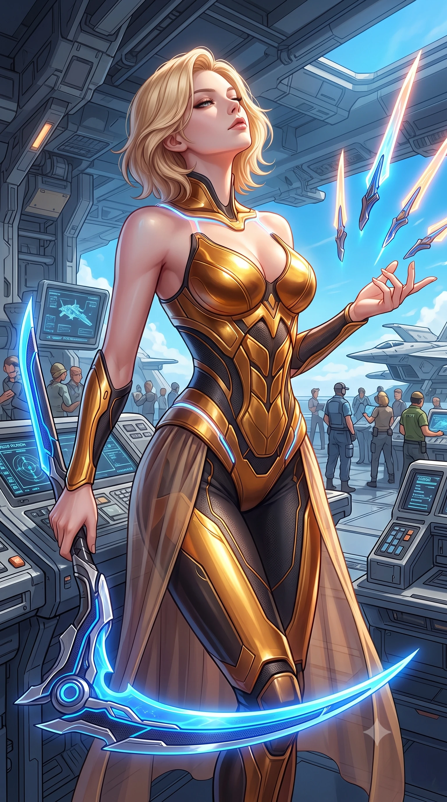 score_9, masterpiece, best quality, ultra-detailed, high-budget anime keyframe, semi-realistic 3D game render, editorial fashion photography, tasteful artistic composition, Caucasian woman. close-up cowboy shot from the waist and thighs up, the character dominates the composition, filling the frame with her large presence. tilting her head back with serene regal elegance, her sharp jawline and sculpted collarbones highlighted by glowing weapon energy reflections while leaning against a flight control console with one hand extended, directing the floating blades with graceful finger gestures. The surrounding environment is rendered in vivid detail and crisp panoramic clarity. vibrant high-contrast daylight and advanced aerospace carrier engineering in panoramic precision. She has an exceptionally elegant, slender, and willowy female figure with an ultra-slim waist, a gracefully sculpted slender torso, toned flat midriff, and a refined slim silhouette. sharp v-shaped jawline, high-bridge nose, intricate jewel-like eyes with depth, thick eyelashes, glossy lips with a natural sheen, flawlessly proportioned anatomical accuracy, strict slender model proportions, natural body alignment, perfectly sculpted long slender limbs, ultra-slim waistline, clean dynamic posture without body distortion. wearing a sculpted molten-gold and dark carbon cuirass paired with high-mobility combat leggings and sheer side drapes, wielding a glowing plasma energy scythe with fluid grace in electric cobalt blue carbon with polished platinum trim, crafted from ultra-strong woven carbon-fiber composite with a satin luster, accented with glowing fiber-optic conduits tracing her collarbones and hip curves, the glove-like aerodynamic second-skin fit tightly clinging to her ultra-slender waist and athletic curves without adding bulk, accentuating her razor-sharp statuesque lines and slim hourglass silhouette. bathed in dazzling high-noon sunlight and rich sky-blue ambient bounce light. rich saturated anime colors with glowing neon highlights, detailed shading with soft gradients, rich glossy textures, high-contrast stereoscopic depth, volumetric dynamic lighting, master piece, 9:16 ratio