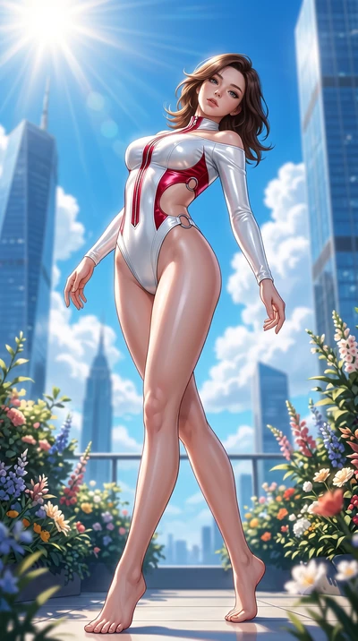 score_9, masterpiece, best quality, ultra-detailed, high-budget anime keyframe, semi-realistic 3D game render, editorial fashion photography, tasteful artistic composition, Korean woman. low angle full-body shot from head to toe showing her feet, fil