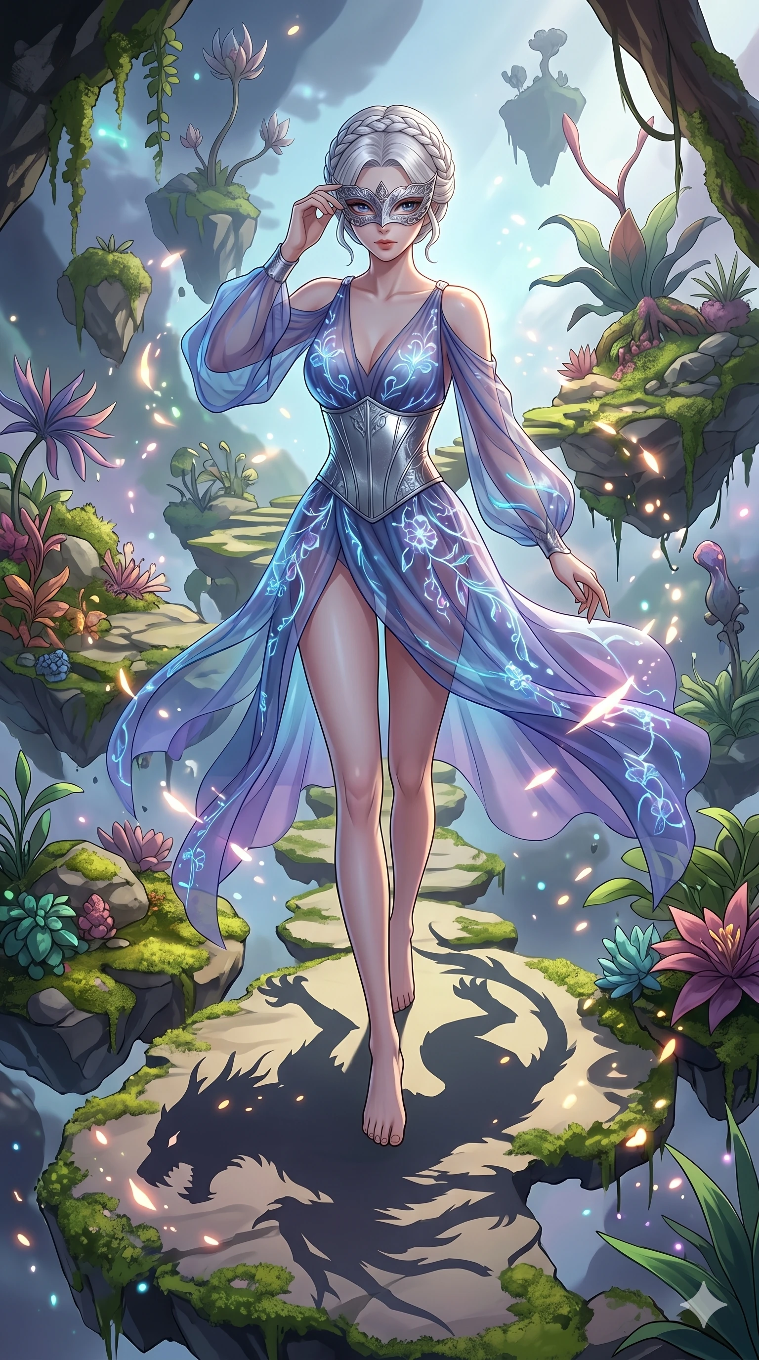 score_9, masterpiece, best quality, ultra-detailed, Set A: High-budget Anime Keyframe, Japanese woman. Low angle cowboy shot filling the entire 9:16 frame with her statuesque presence. Adjusting a mask through a floating botanical garden, while her shadow mimics the movements of a predator 215 and surrounded by glowing energy sparks. She has an absolutely perfect 8-heads proportion, an exceptionally tall and slender female figure with impossibly long slender legs and an ultra-slim waist. Sharp v-shaped jawline, high-bridge nose, intricate jewel-like eyes with depth, thick eyelashes, glossy lips with a natural sheen. Wearing Sheer chiffon gown with a metallic corset and bioluminescent floral patterns. Cinematic lighting, vibrant colors, dramatic shadows, 2k, ultra detail, master piece, 9:16 ratio