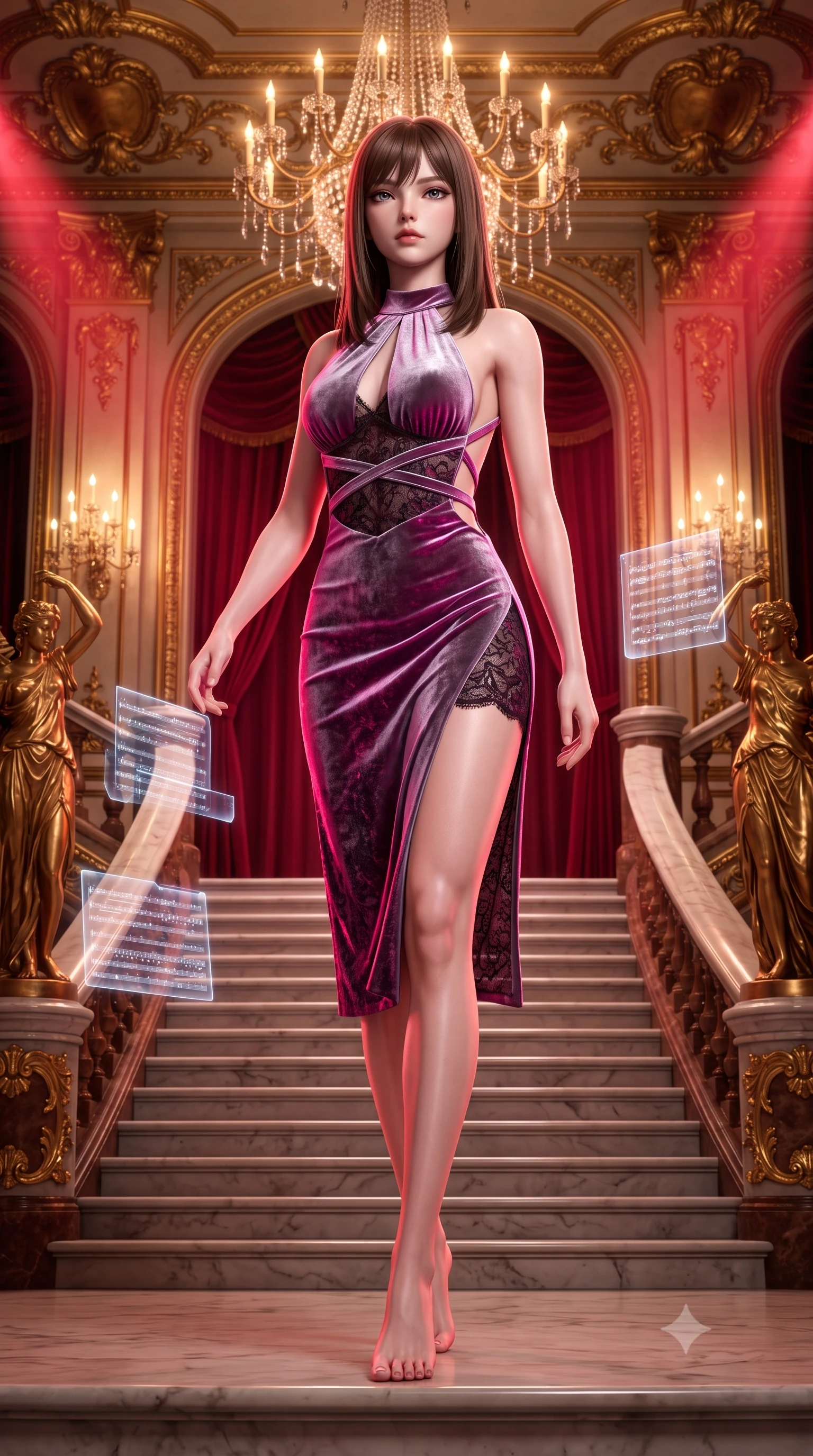score_9, masterpiece, best quality, ultra-detailed, high-budget anime keyframe, semi-realistic 3D game render, editorial fashion photography, tasteful artistic composition, Korean woman. low angle full-body shot from head to toe showing her feet, filling the entire 9:16 vertical frame with her statuesque presence, stretching her vertical silhouette. striding forward in a proud, statuesque motion with a dangerous smolder, her vertical silhouette dominating the frame from head to toe while pivoting dynamically on a grand marble staircase flanked by golden statues and holographic musical scores. The surrounding environment is rendered in vivid detail and crisp panoramic clarity. intricate baroque gold leaf carvings, razor-sharp crystal chandelier facets, and crimson velvet in deep focus. She has an absolutely perfect, statuesque 8.5-heads proportion, an exceptionally tall and slender model-like female figure with impossibly long slender legs and an ultra-slim waist. sharp v-shaped jawline, high-bridge nose, intricate jewel-like eyes with depth, thick eyelashes, glossy lips with a natural sheen, flawlessly proportioned anatomical accuracy, natural body alignment, perfectly sculpted elegant limbs, clean dynamic posture without body distortion. wearing a velvet halter-neck midi dress fitting her statuesque contour flawlessly with a Tasteful chest slit and open spine in chromatic platinum and blazing neon magenta, crafted from delicate dark lace interwoven with luminescent micro-fibers, complemented by criss-cross back straps highlighting her completely bare spine, the liquid-tight fabric adhering flawlessly to her sculpted torso and slender silhouette. bathed in warm golden chandelier candlelight and dramatic crimson theatrical spotlights. highly saturated vibrant anime colors, detailed shading with soft gradients, rich glossy textures, high-contrast stereoscopic depth, volumetric dynamic lighting, master piece, 9:16 ratio