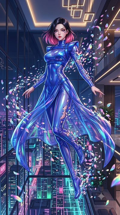 score_9, masterpiece, best quality, ultra-detailed, High-budget Anime Keyframe, East Asian woman. Dynamic full-body shot stretching the vertical silhouette to the limit. Scenario 422: dissolving into a cloud of iridescent silk petals inside a luxury 