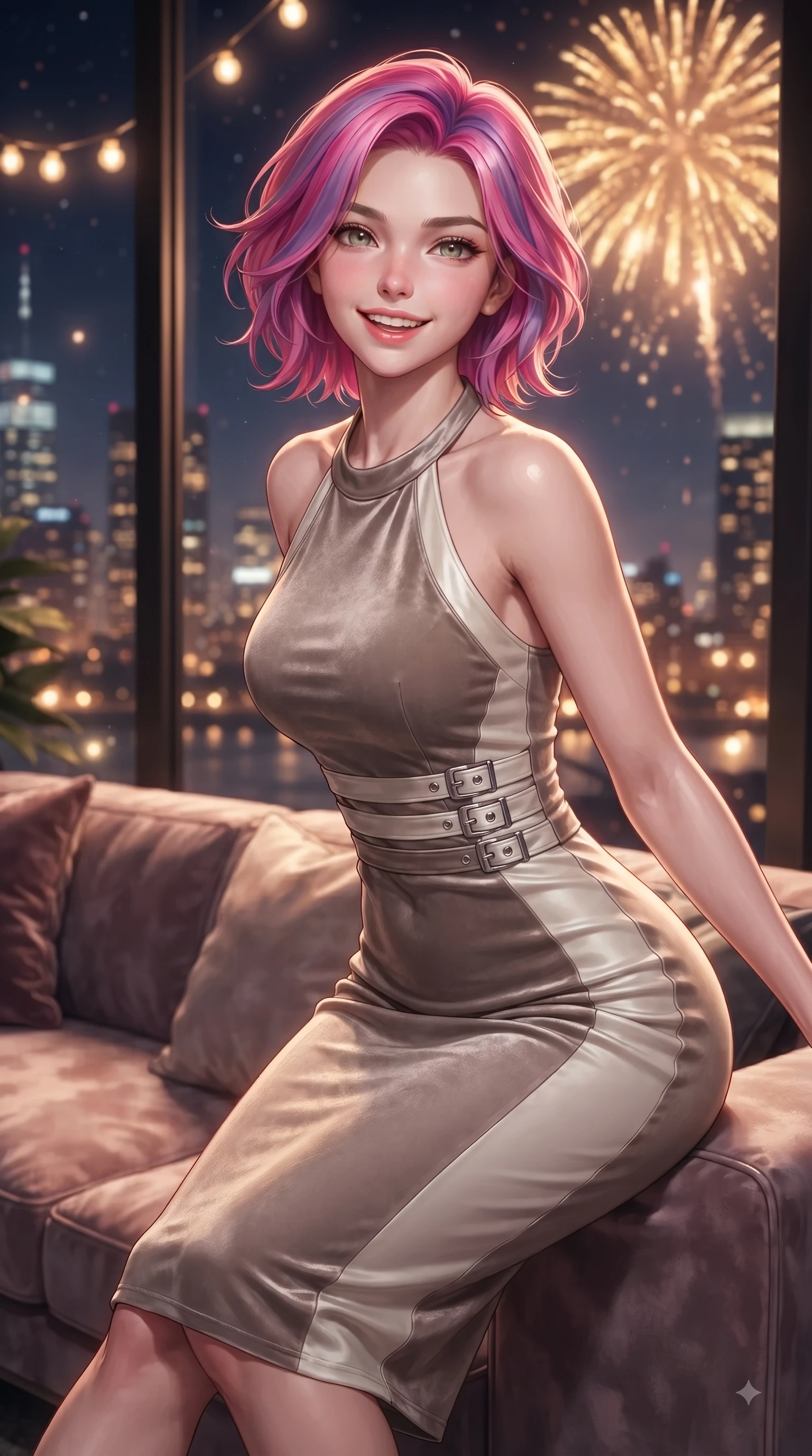score_9, masterpiece, best quality, ultra-detailed, high-budget anime keyframe, editorial fashion photography, tasteful artistic composition, Caucasian woman. close-up cowboy shot from the waist and thighs up, the character dominates the composition, filling the frame with her large presence, background elements kept in soft focus. Cheerful beaming smile with parted lips, exuding pure enchanting charm while turning dynamically toward the camera while resting happily against a plush lounge sofa as golden fireworks burst in the night sky, glistening city lights and warm string fairy lamps creating rich ambient bokeh. She has an exceptionally elegant, slender, and willowy female figure with an ultra-slim waist, a gracefully sculpted slender torso, and a refined silhouette. sharp v-shaped jawline, high-bridge nose, intricate jewel-like eyes with depth, thick eyelashes, glossy lips with a natural sheen, flawlessly proportioned anatomical accuracy, natural body alignment, perfectly sculpted elegant limbs, clean dynamic posture without body distortion. wearing a velvet halter-neck midi dress following her form like a glove in muted taupe and soft ivory, crafted from smooth liquid silk, detailed with polished silver buckles along the waistline, the glove-like fit emphasizing her statuesque silhouette during motion. illuminated by cheerful city skyline backlighting and vibrant rim lights. ultra-reflective glossy finish, specular highlights, metallic sheen, high-contrast stereoscopic depth, volumetric dynamic lighting, 2k, ultra detail, master piece, 9:16 ratio