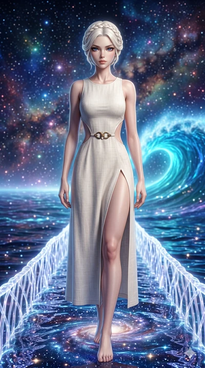 score_9, masterpiece, best quality, ultra-detailed, Set A: Photorealistic 8k CG, Japanese woman. Low angle cowboy shot filling the entire 9:16 frame with her statuesque presence. Standing on a bridge of light over a river of liquid starlight. She has