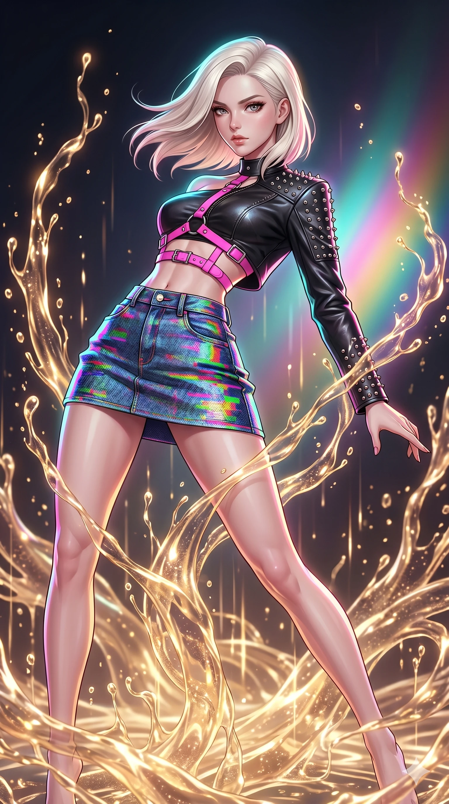 score_9, masterpiece, best quality, ultra-detailed, high-budget anime keyframe, Caucasian woman, strictly human ears. upper body close-up from the thighs up, character filling the screen for maximum presence. dodging ethereal liquid gold rain that rises upward from the ground in warm shimmering droplets under an inverted gravity field. She has an absolutely perfect 8-heads proportion, an exceptionally tall and slender female figure with impossibly long slender legs and an ultra-slim waist. V-shaped jawline, high-bridge nose, intricate jewel-like eyes with depth, thick eyelashes, glossy lips with a natural sheen.. wearing a glitch denim and studded leather outfit, featuring an RGB glitch pattern denim structured mini skirt, a single-sleeve cropped leather jacket, and neon pink harness straps. enhanced by a luminous pastel spectrum glow, casting elegant rim lights on her shoulders and jawline. 2k, ultra detail, master piece, 9:16 ratio