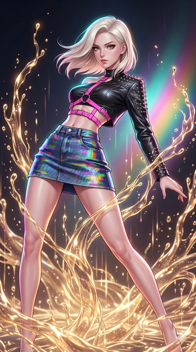 score_9, masterpiece, best quality, ultra-detailed, high-budget anime keyframe, Caucasian woman, strictly human ears. upper body close-up from the thighs up, character filling the screen for maximum presence. dodging ethereal liquid gold rain that ri