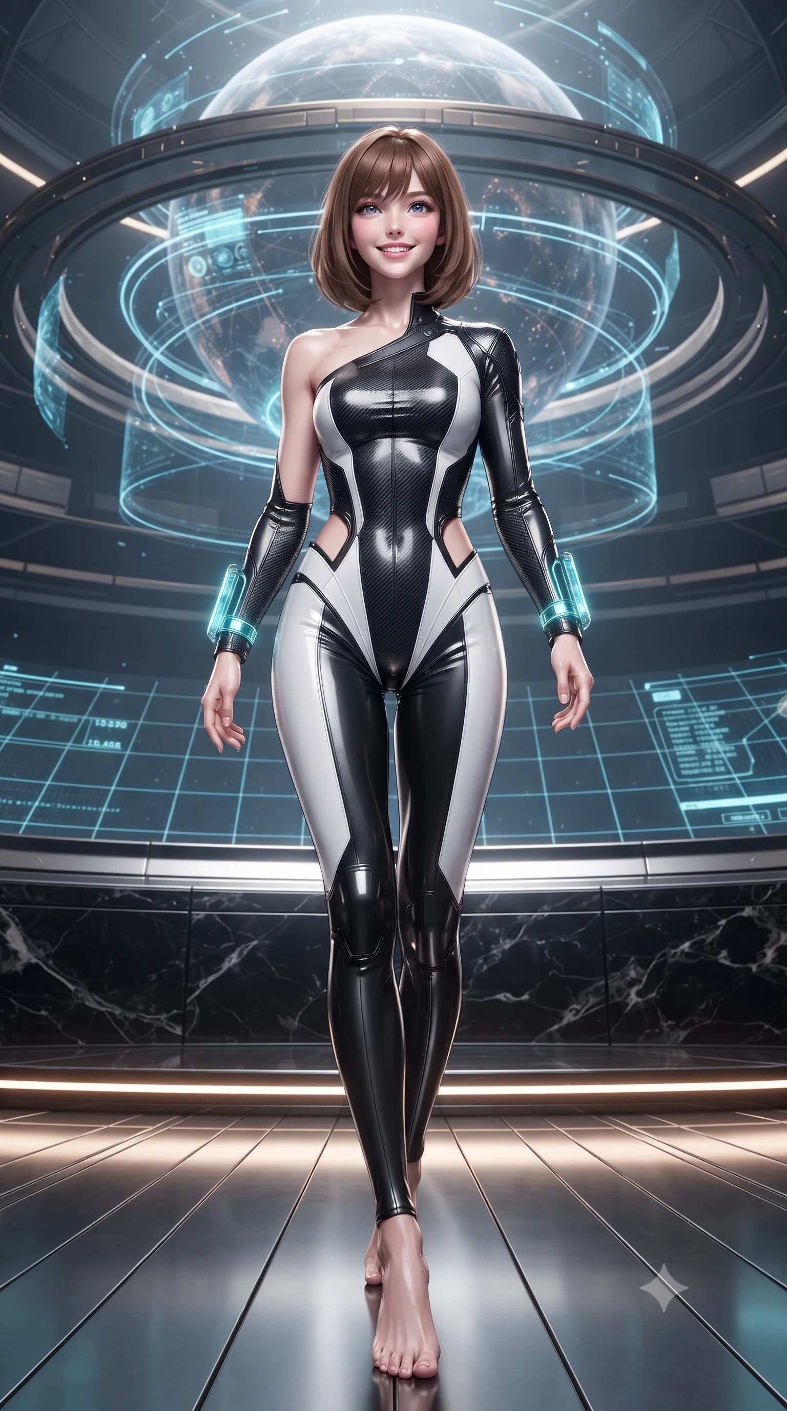 score_9, masterpiece, best quality, ultra-detailed, high-budget anime keyframe, editorial fashion photography, tasteful artistic composition, Caucasian woman. low angle full-body shot from head to toe showing her feet, filling the entire 9:16 vertical frame with her statuesque presence, stretching her vertical silhouette. striding forward gracefully across the reflective metal deck in mid-motion with a radiant beaming smile, hips swaying in an alluring kinetic rhythm that accentuates her curvy hourglass silhouette and long slender legs while standing in the center of the semicircular amphitheater beneath a colossal floating planetary matrix, arching her spine with sovereign authority. The surrounding environment is rendered in vivid detail and crisp panoramic clarity: sharp holographic latitude grid lines, polished black obsidian marble podium textures, and brass seal inlays in deep focus. She has an absolutely perfect, statuesque 8.5-heads proportion, an exceptionally tall and slender model-like female figure with impossibly long slender legs, an ultra-slim waist, a flat toned midriff, narrow delicate ribcage, and beautifully sculpted feminine hips creating a graceful, slim hourglass silhouette without any bulky heaviness. sharp v-shaped jawline, high-bridge nose, intricate jewel-like sparkling eyes with depth, thick eyelashes, glossy parted lips with a natural sheen, bright confident smile with an enchanting and coquettish sensual glint, exuding both youthful magnetic charm and sovereign high-tech allure, flawlessly proportioned anatomical accuracy, strict slender model proportions, natural body alignment, perfectly sculpted long slender limbs, ultra-slim waistline, clean dynamic posture without body distortion. wearing an asymmetric one-shoulder combat catsuit with carbon-weave paneling and an open-waist architecture emphasizing her hips in dual-tone high-contrast monochrome black and stark white, crafted from lightweight aerodynamic matte carbon-fiber weave with structural stiffness, featuring sleek glowing cyan HUD display wrist cuffs with floating data telemetry, the aerodynamic second-skin silhouette tightly following the natural contour of her hips and long slender legs with youthful 8.5-heads elegance. illuminated by under-floor uplighting and sharp champagne rim lighting sculpting her razor-sharp jawline, narrow waist, and curvy hips. ultra-reflective glossy finish, specular highlights, rich textural contrasts, high-contrast stereoscopic depth, volumetric dynamic lighting, 2k, ultra detail, master piece, 9:16 ratio