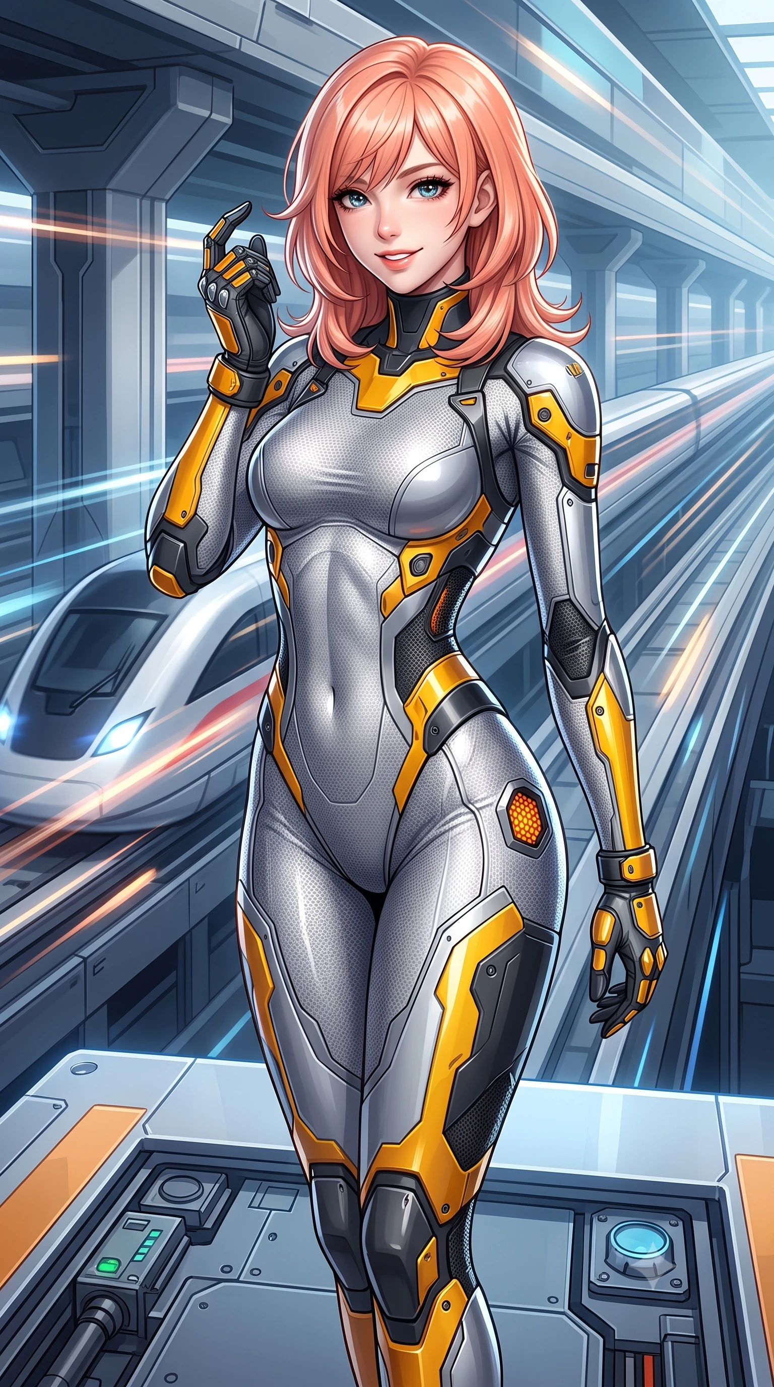 score_9, masterpiece, best quality, ultra-detailed, high-budget anime keyframe, semi-realistic 3D game render, editorial fashion photography, tasteful artistic composition, Japanese woman. close-up cowboy shot from the waist and thighs up, the character dominates the composition, filling the frame with her large presence. adjusting her tactical glove with cool confidence, her bright smile capturing fresh girlhood charm while her arched torso reveals an intoxicating hip contour while standing poised on the high platform above soaring magnetic tracks, arching her back with effortless supermodel poise as sleek trains glide past. The surrounding environment is rendered in vivid detail and crisp panoramic clarity: detailed high-tech suit weave, speed glints on armor plating, and monumental transit architecture in high resolution. She has an exceptionally elegant, slender, and willowy female figure with an ultra-slim waist, flat toned midriff, narrow ribcage, and sculpted feminine hips creating an alluring, slim hourglass silhouette without bulk. sharp v-shaped jawline, high-bridge nose, intricate jewel-like sparkling eyes with depth, thick eyelashes, glossy parted lips with a natural sheen, bright confident smile with an enchanting and coquettish sensual glint, exuding both youthful magnetic charm and sovereign high-tech allure, flawlessly proportioned anatomical accuracy, strict slender model proportions, natural body alignment, perfectly sculpted long slender limbs, ultra-slim waistline, clean dynamic posture without body distortion. wearing a form-contouring delicate silver nano-mesh bodysuit with strategically placed chrome armor plate guards covering key curves in industrial hazard yellow and matte carbon black, woven from delicate semi-opaque high-tensile nano-mesh with intricate hexagonal micro-patterns, accented with subtle hexagonal heat-sink vents glowing with dim orange thermal heat, the form-fitting tactical tailoring adhering flawlessly to her sculpted flat midriff and slender torso, emphasizing her long leg lines and perfectly proportioned willowy build. illuminated by passing train light streaks and sharp platinum rim lights defining her sculpted collarbones, ultra-slim waist, and curvy hips. highly saturated vibrant anime colors, detailed shading with soft gradients, rich glossy textures, high-contrast stereoscopic depth, volumetric dynamic lighting, master piece, 9:16 ratio