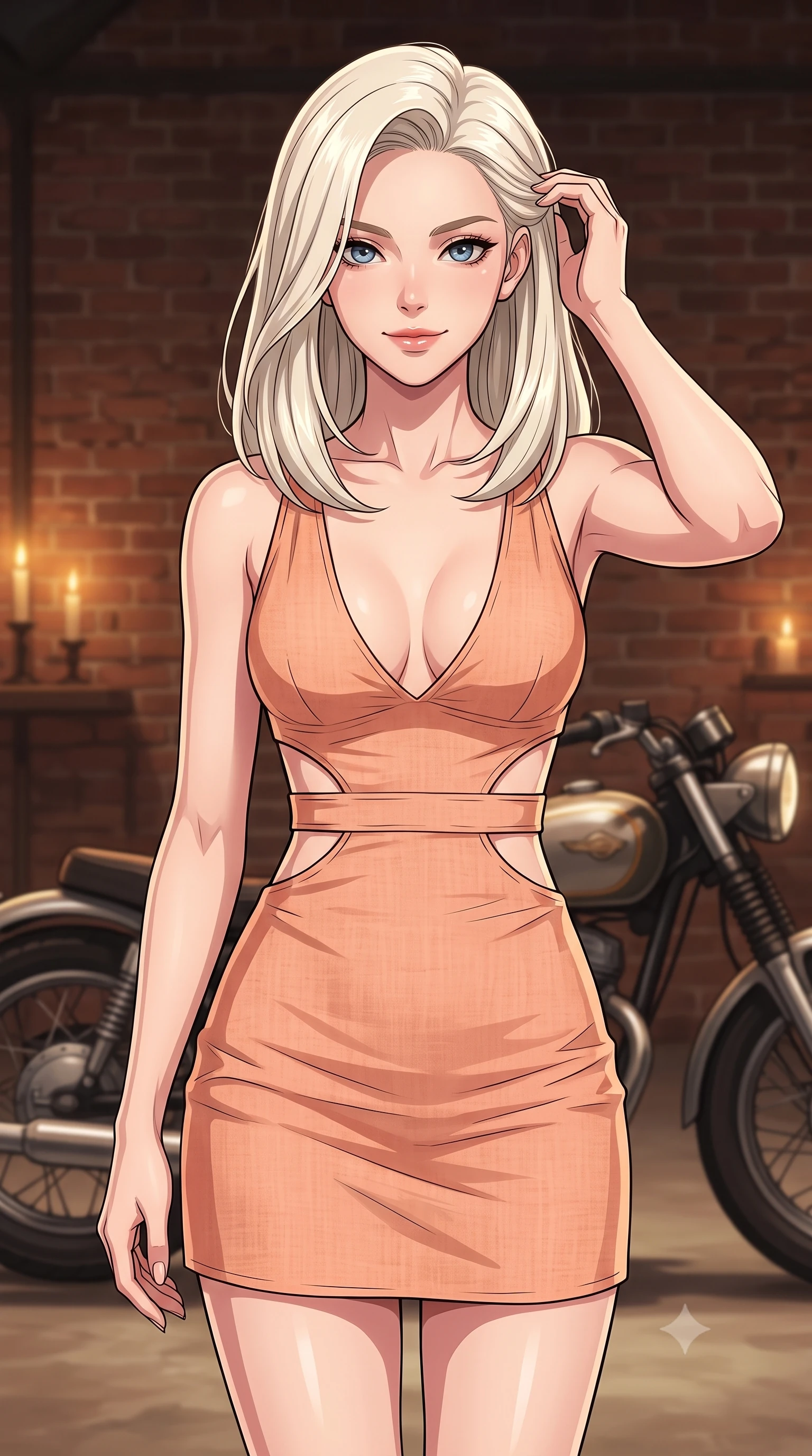 score_9, masterpiece, best quality, ultra-detailed, high-budget anime keyframe, tasteful artistic composition, Caucasian woman. close-up cowboy shot from the waist and thighs up, the character dominates the composition, filling the frame with her large presence, background elements kept in soft focus. smiling with quiet, magnetic self-assurance directly into the camera, running a hand through her hair the background shows a soft-focus a private hangar with a vintage motorcycle and exposed brick walls. She has an exceptionally elegant, slender, and willowy female figure with an ultra-slim waist, a gracefully sculpted slender torso, and a refined silhouette. sharp v-shaped jawline, high-bridge nose, intricate jewel-like eyes with depth, thick eyelashes, glossy lips with a natural sheen. wearing a slim-fit summer sundress with double waist cutouts and a plunging neckline in peach linen. warm candlelight casting dramatic shadows on the steel motorcycle parts. highly saturated vibrant anime colors, cel-shading, 2d style, master piece, 9:16 ratio