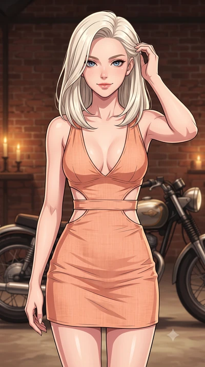 score_9, masterpiece, best quality, ultra-detailed, high-budget anime keyframe, tasteful artistic composition, Caucasian woman. close-up cowboy shot from the waist and thighs up, the character dominates the composition, filling the frame with her lar