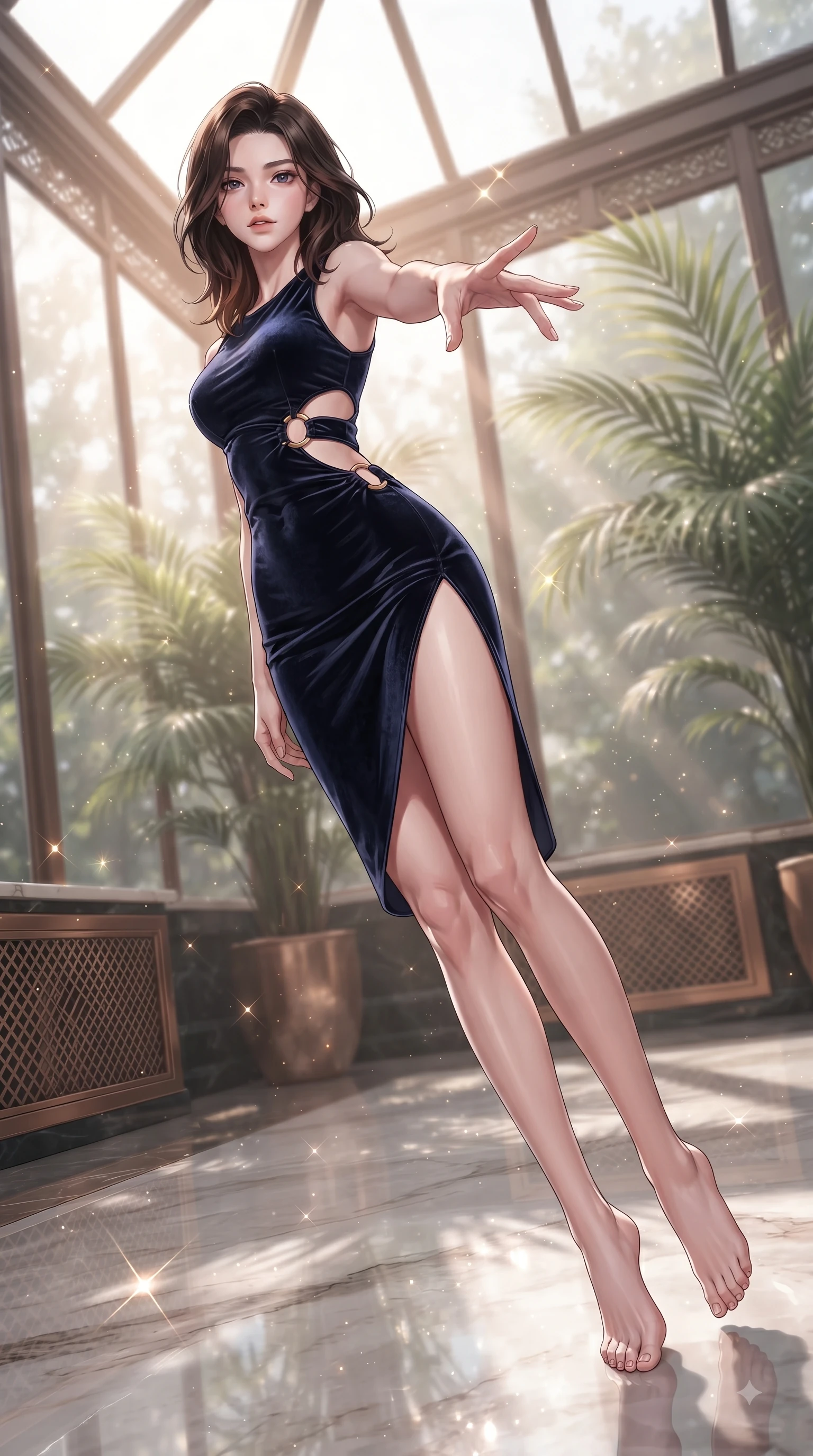 score_9, masterpiece, best quality, ultra-detailed, high-budget anime keyframe, editorial fashion photography, tasteful artistic composition, Korean woman woman. low angle full-body shot from head to toe showing her feet, filling the entire 9:16 vertical frame with her statuesque presence, stretching her vertical silhouette. She has an absolutely perfect, statuesque 8.5-heads proportion, an exceptionally tall and slender model-like female figure with impossibly long slender legs and an ultra-slim waist. floating dynamically in zero-gravity with flawless poise, reaching her hand forward gracefully, flawlessly proportioned anatomical accuracy, natural body alignment, perfectly sculpted elegant limbs, clean dynamic posture without body distortion. set against a soft-focus background of a luxury sunroom filled with potted palms and bronze vents. wearing a slitted cutout bodycon mini dress in dark velvet with gold ring hardware framing her waist. bathed in bright morning sunbeams creating sparkling glints on polished floors. ultra-reflective glossy finish, specular highlights, metallic sheen, high-contrast stereoscopic depth, volumetric dynamic lighting, 2k, ultra detail, master piece, 9:16 ratio