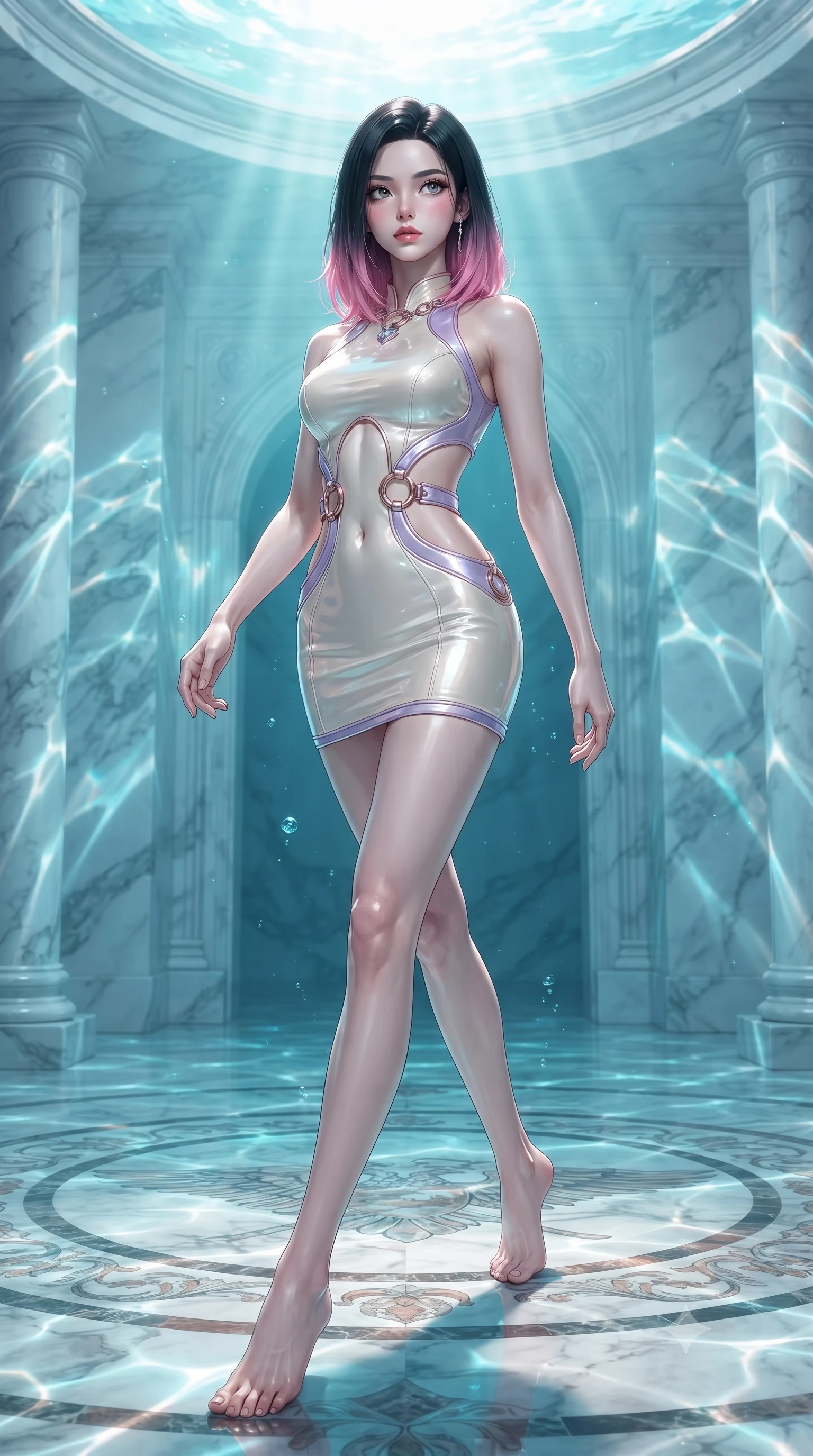 score_9, masterpiece, best quality, ultra-detailed, high-budget anime keyframe, editorial fashion photography, tasteful artistic composition, Korean woman. low angle full-body shot from head to toe showing her feet, filling the entire 9:16 vertical frame with her statuesque presence, stretching her vertical silhouette. navigating the celestial sanctuary with an effortless, graceful stride, gliding over a marble mosaic floor underwater illuminated by caustic sunlight, shimmering ocean reflections dancing dynamically on marble walls. She has an absolutely perfect, statuesque 8.5-heads proportion, an exceptionally tall and slender model-like female figure with impossibly long slender legs and an ultra-slim waist. sharp v-shaped jawline, high-bridge nose, intricate jewel-like eyes with depth, thick eyelashes, glossy lips with a natural sheen. wearing dramatic open-waist cutout mini dress in opal velvet framed by chrome hardware in pastel lavender violet, made of polished ivory leather, trimmed with rose-gold ring hardware along the waist contours, accentuating her gracefully sculpted slender torso. bathed in brilliant underwater sunbeams and soft turquoise caustic glow. ultra-reflective glossy finish, specular highlights, metallic sheen, high-contrast stereoscopic depth, volumetric dynamic lighting, 2k, ultra detail, master piece, 9:16 ratio