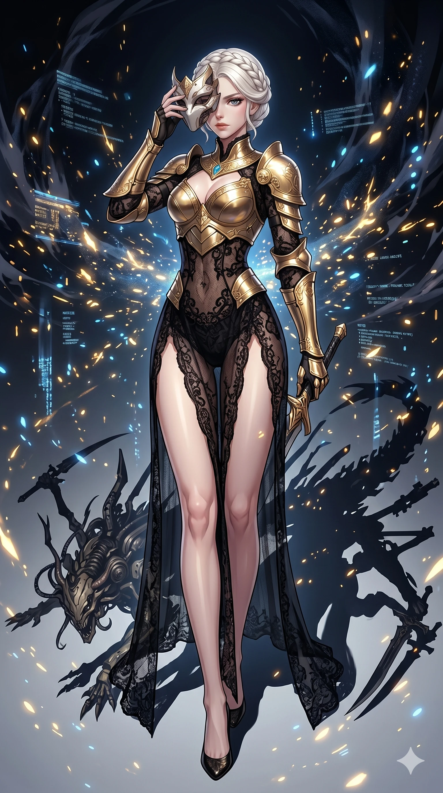 score_9, masterpiece, best quality, ultra-detailed, Set A: High-budget Anime Keyframe, Caucasian (strictly human ears) woman. Low angle cowboy shot filling the entire 9:16 frame with her statuesque presence. Adjusting a mask through a virtual reality void, while her shadow mimics the movements of a predator 255 and surrounded by glowing energy sparks. She has an absolutely perfect 8-heads proportion, an exceptionally tall and slender female figure with impossibly long slender legs and an ultra-slim waist. Sharp v-shaped jawline, high-bridge nose, intricate jewel-like eyes with depth, thick eyelashes, glossy lips with a natural sheen. Wearing Ornate gold plate armor over a sheer black lace gown with a high-slit. Cinematic lighting, vibrant colors, dramatic shadows, 2k, ultra detail, master piece, 9:16 ratio