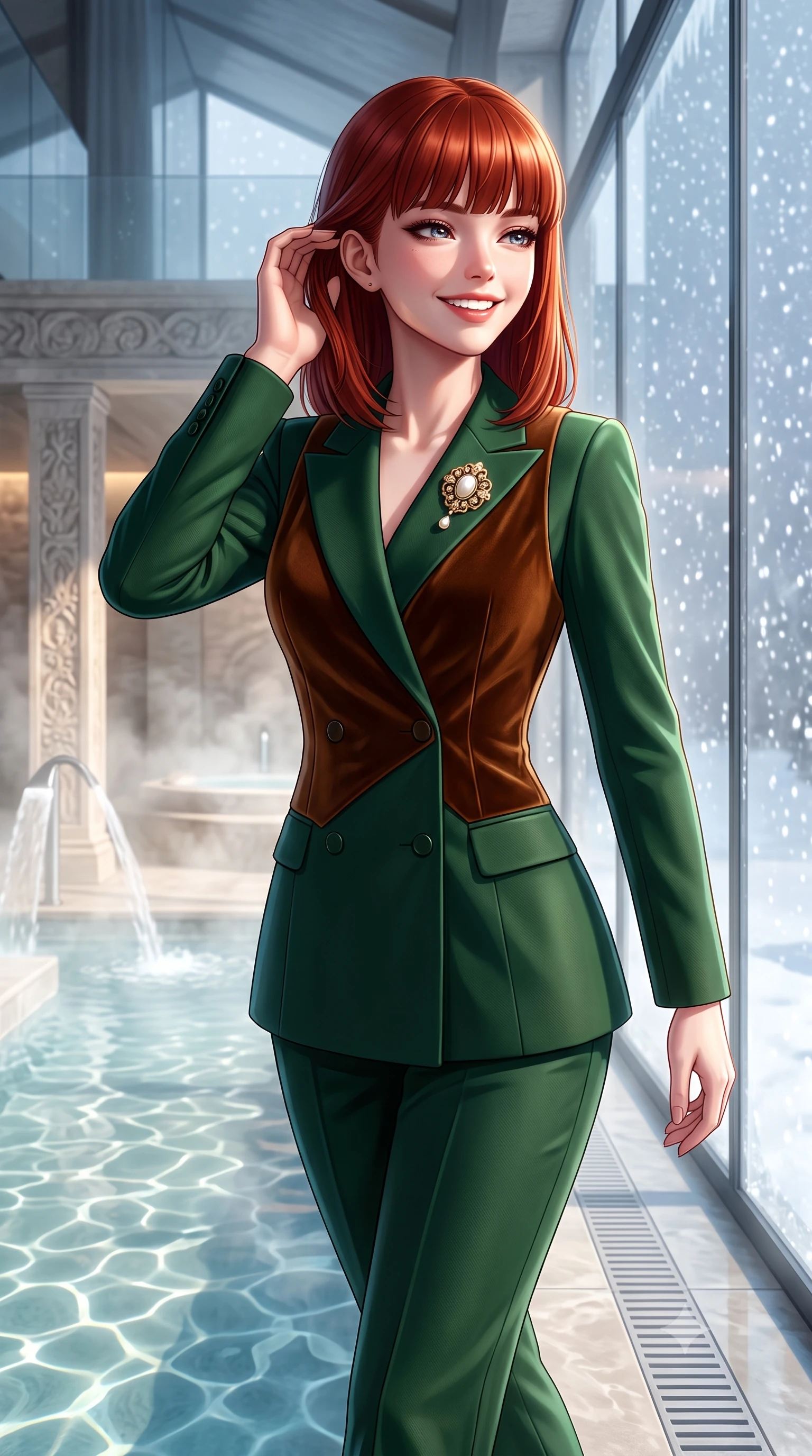 score_9, masterpiece, best quality, ultra-detailed, high-budget anime keyframe, semi-realistic 3D game render, editorial fashion photography, tasteful artistic composition, Caucasian woman. close-up cowboy shot from the waist and thighs up, the character dominates the composition, filling the frame with her large presence. gently brushing a lock of hair behind her ear with one hand while flashing a radiant, joyful smile while walking past steaming indoor hydrotherapy fountains toward the glass wall looking out at falling snow, turning with radiant poise. The surrounding environment is rendered in vivid detail and crisp panoramic clarity: detailed belted cashmere robe coat tailoring, silk piping borders, and master Swiss spa architecture in razor-sharp precision. She has an exceptionally elegant, slender, and willowy female figure with an ultra-slim waist, flat toned midriff, narrow ribcage, and sculpted feminine hips creating an alluring, slim hourglass silhouette without bulk. sharp v-shaped jawline, high-bridge nose, intricate jewel-like sparkling eyes with depth, thick eyelashes, glossy parted lips with a natural peach sheen, bright cheerful beaming smile with an enchanting and coquettish sensual glint, exuding both youthful cute charm and seductive allure, flawlessly proportioned anatomical accuracy, strict slender model proportions, natural body alignment, perfectly sculpted long slender limbs, ultra-slim waistline, clean dynamic posture without body distortion. wearing a refined double-breasted wool gabardine pantsuit with clean minimalist tailoring and a concealed placket in heritage British racing green and warm cognac brown, crafted from rich cotton velvet with deep light-absorbing pile and soft gradients, complemented by an antique baroque pearl brooch pinned tastefully on the lapel, the bespoke architectural tailoring hugging her natural waistline with sartorial precision, creating a clean graceful hourglass silhouette with tall model elegance. illuminated by thermal pool surface caustics and soft pearlescent rim lights accentuating her sharp jawline and slender hourglass silhouette. highly saturated vibrant anime colors, detailed shading with soft gradients, rich glossy textures, high-contrast stereoscopic depth, volumetric dynamic lighting, master piece, 9:16 ratio