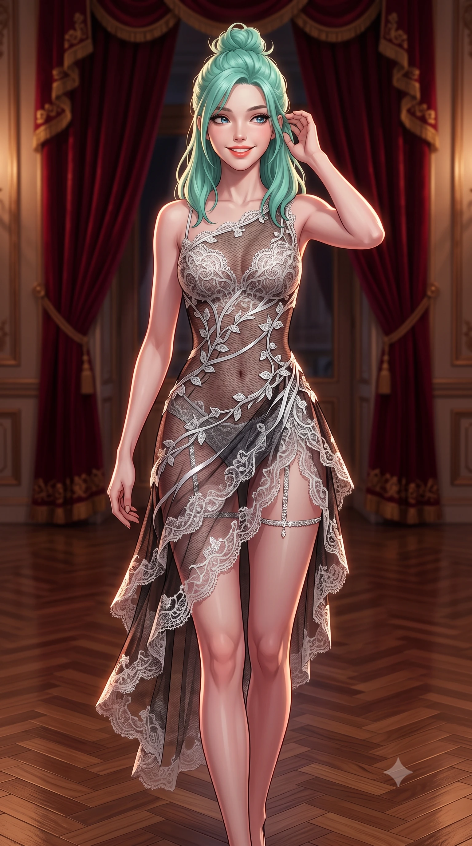 score_9, masterpiece, best quality, ultra-detailed, high-budget anime keyframe, semi-realistic 3D game render, editorial fashion photography, tasteful artistic composition, Japanese woman. close-up cowboy shot from the waist and thighs up, the character dominates the composition, filling the frame with her large presence. gently brushing a lock of hair behind her ear while casting a playful, flirtatious side-gaze with long eyelashes while striding slowly across the mirror-polished chevron parquet floor with tall model strides, her outfit swaying gracefully around her slender legs. The background shows a soft-focus deep crimson velvet portieres softened in aristocratic imperial state apartment shallow focus. She has an exceptionally elegant, slender, and willowy female figure with an ultra-slim waist, flat toned midriff, narrow ribcage, and sculpted feminine hips creating an alluring, slim hourglass silhouette without bulk. sharp v-shaped jawline, high-bridge nose, intricate jewel-like sparkling eyes with depth, thick eyelashes, glossy parted lips with a natural peach sheen, bright cheerful beaming smile with an enchanting and coquettish sensual glint, exuding both youthful cute charm and seductive allure, flawlessly proportioned anatomical accuracy, strict slender model proportions, natural body alignment, perfectly sculpted long slender limbs, ultra-slim waistline, clean dynamic posture without body distortion. wearing a provocative sheer noir illusion mesh cocktail dress with embroidered climbing ivy ribbons contouring her curves in pure translucent crystal white and liquid platinum, made of delicate semi-sheer French Chantilly lace with intricate eyelash edges, finished with delicate crystal-encrusted thigh garter straps glinting in the dim light, the impeccably tailored cut draping gracefully along her slender figure with aristocratic poise. illuminated by mirror specular reflections and sharp rose-gold rim lights sculpting her features, flat midriff, and slender waist. highly saturated vibrant anime colors, detailed shading with soft gradients, rich glossy textures, high-contrast stereoscopic depth, volumetric dynamic lighting, master piece, 9:16 ratio