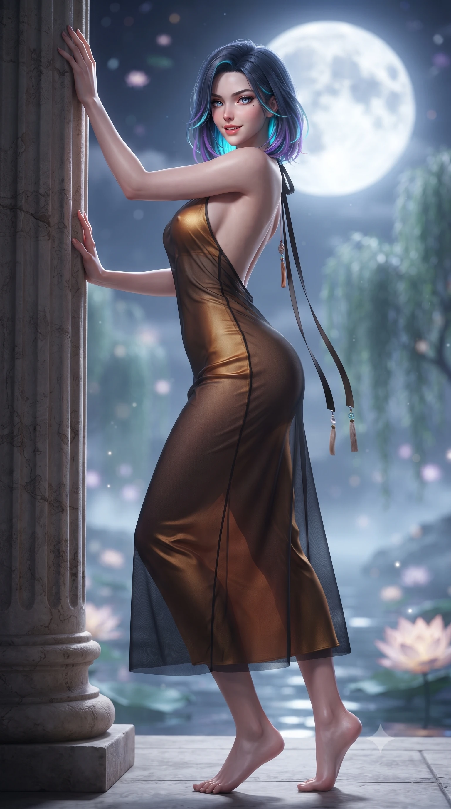 score_9, masterpiece, best quality, ultra-detailed, high-budget anime keyframe, editorial fashion photography, tasteful artistic composition, Caucasian woman. low angle full-body shot from head to toe showing her feet, filling the entire 9:16 vertical frame with her statuesque presence, stretching her vertical silhouette. standing tall beside the architectural column, one hand resting high while arching her lower back to emphasize her sculpted feminine hips and slender waist while twisting her slender torso in an alluring contrapposto stance, cool night breezes fluttering her sheer silk robe around her narrow waist and curvy hips. The background shows a soft-focus the giant glowing harvest full moon, floating lotus blossoms, and misty willow trees blurred into silver, jade, and amethyst bokeh. She has an absolutely perfect, statuesque 8.5-heads proportion, an exceptionally tall and slender model-like female figure with impossibly long slender legs, an ultra-slim waist, a flat toned midriff, narrow delicate ribcage, and beautifully sculpted feminine hips creating a graceful, slim hourglass silhouette without any bulky heaviness. sharp v-shaped jawline, high-bridge nose, sparkling eyes with hypnotic seductive depth, thick curled eyelashes, glossy parted lips with a natural dewy peach sheen, alluring bedroom-eyes with an enchanting coquettish smile, exuding magnetic siren charisma and sophisticated glamour, flawlessly proportioned anatomical accuracy, strict slender model proportions, natural body alignment, perfectly sculpted long slender limbs, ultra-slim waistline, clean dynamic posture without body distortion. wearing a sheer black gauze norigae slip dress worn over a liquid satin undergarment, hugging her flat midriff and hourglass curves in warm amber honey and antique gold leaf, made of semi-opaque stretch illusion mesh with soft shadowy contours, finished with long silk ribbon ties fluttering down her bare spine from a backless halter, the liquid-tight tailored fabric clinging flawlessly to her narrow waist and rounded feminine hips, emphasizing every millimeter of her sculpted slim hourglass curves without any bulky heaviness. illuminated by pond surface moonbeam bounce and sharp platinum rim lights sculpting her razor-sharp jawline, narrow waist, and curvy hips. ultra-reflective glossy finish, specular highlights, rich textural contrasts, high-contrast stereoscopic depth, volumetric dynamic lighting, 2k, ultra detail, master piece, 9:16 ratio