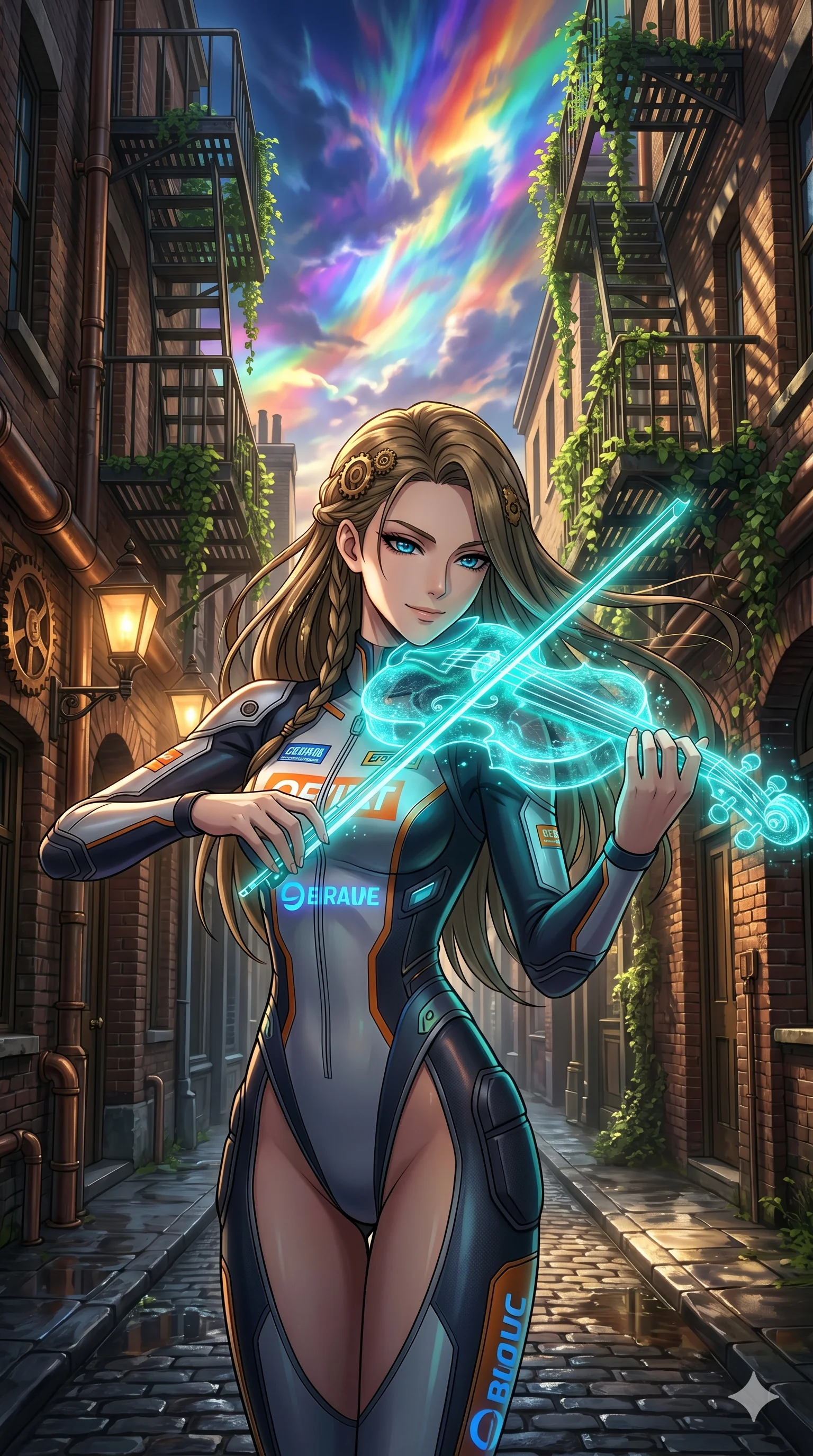score_9, masterpiece, best quality, ultra-detailed, Set A: High-budget Anime Keyframe, Caucasian (human ears) woman. Upper body close-up from the thighs up, character filling the screen for maximum presence. Theme: Primal Nature. playing a holographic violin in a steampunk London alleyway, with a look of serene power as the sky splits into 18 colors. The atmosphere is filled with cinematic sunlight through leaves. She has an absolutely perfect 8-heads proportion, an exceptionally tall and slender female figure with impossibly long slender legs and an ultra-slim waist. Sharp v-shaped jawline, high-bridge nose, intricate jewel-like eyes with depth, glossy lips. Wearing High-cut racing bodysuit with glowing sponsor-logos and sleek aerodynamic lines. Cinematic lighting, vivid colors, dramatic shadows, 2k, ultra detail, master piece, 9:16 ratio