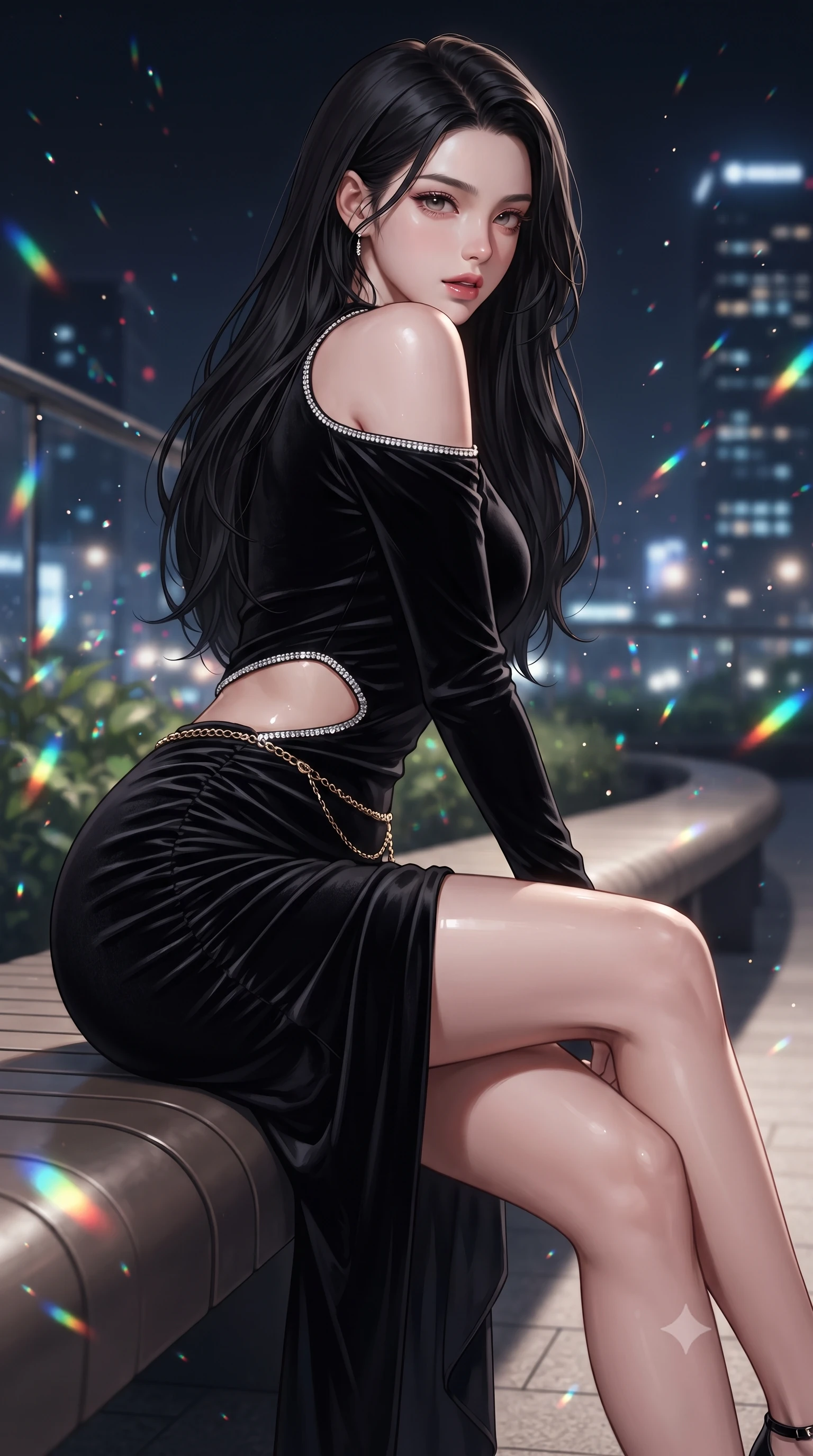score_9, masterpiece, best quality, ultra-detailed, high-budget anime keyframe, editorial fashion photography, tasteful artistic composition, Korean woman. close-up cowboy shot from the waist and thighs up, the character dominates the composition, filling the frame with her large presence. turning over a bare shoulder with an intoxicating, teasing smile, her soft hair framing her sharp jawline as her hips angle gracefully while perching on the curved architectural skyway bench, long slender legs crossed and torso angled back to display her flat midriff and slender hourglass curves. The composition keeps background elements in soft focus with creamy bokeh. bioluminescent plant spores and city skyline reflections scattering vibrant chromatic light motes. She has an exceptionally elegant, slender, and willowy female figure with an ultra-slim waist, flat toned midriff, narrow ribcage, and sculpted feminine hips creating an alluring, slim hourglass silhouette without bulk. sharp v-shaped jawline, high-bridge nose, intricate jewel-like eyes with depth, thick eyelashes, glossy parted lips with a natural sheen, intensely captivating and seductive bedroom-eyes expression, flawlessly proportioned anatomical accuracy, strict slender model proportions, natural body alignment, perfectly sculpted long slender limbs, ultra-slim waistline, clean dynamic posture without body distortion. wearing a form-contouring cocktail dress with an asymmetrical open shoulder and hip-defining ruching in pitch-black velvet with diamond crystal trim, tailored from liquid silk jersey adhering flawlessly to her slender build, accented with a delicate gold chain belt resting loosely on her curvy hips, the second-skin form-contouring cut accentuating her sculpted flat midriff, narrow delicate ribcage, and gracefully curvy hips with supermodel precision. illuminated by wet specular glass bounce lights sculpting her toned waistline, slender spine, and feminine hips. ultra-reflective glossy finish, specular highlights, rich textural contrasts, high-contrast stereoscopic depth, volumetric dynamic lighting, 2k, ultra detail, master piece, 9:16 ratio