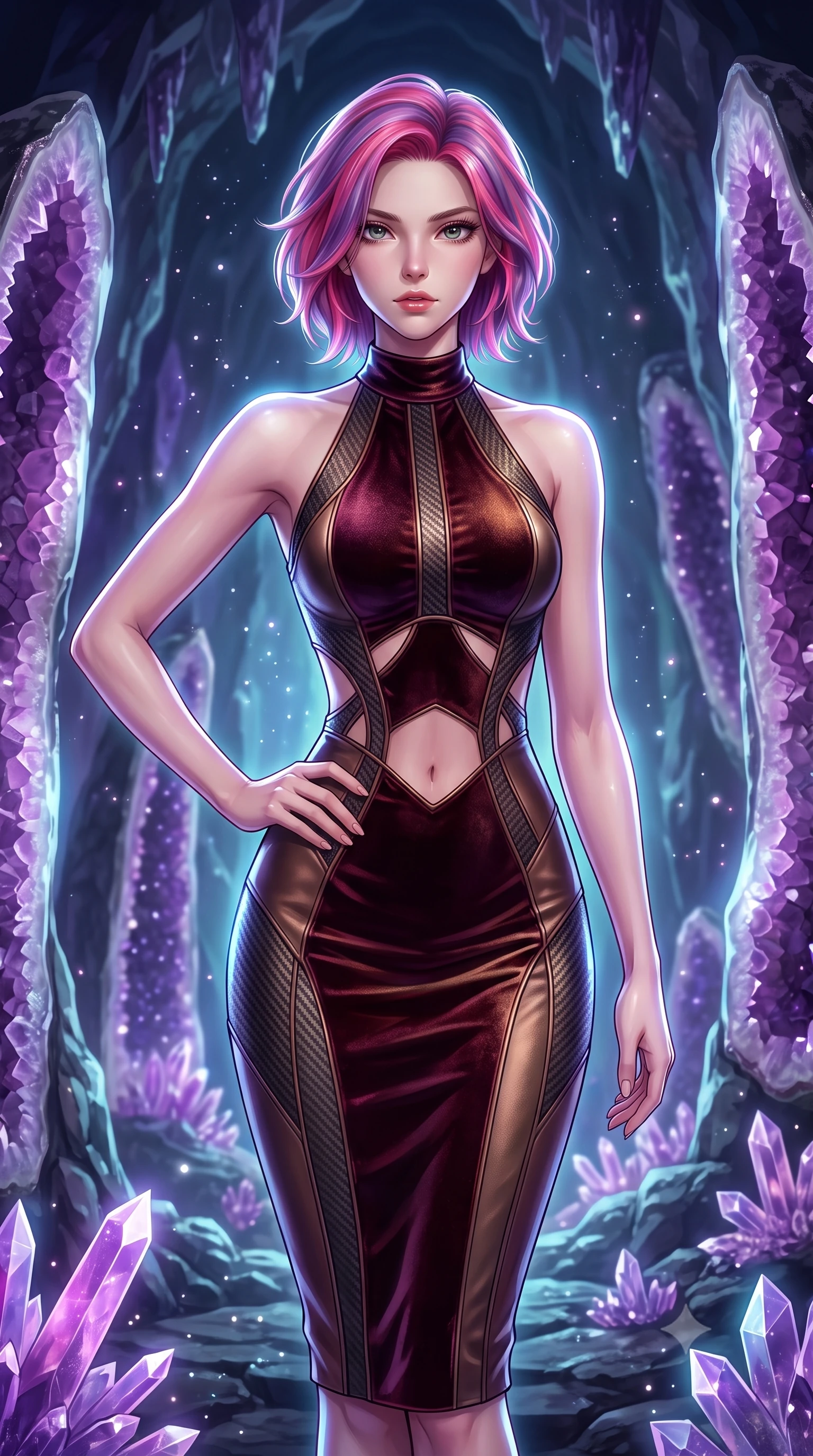 score_9, masterpiece, best quality, ultra-detailed, high-budget anime keyframe, editorial fashion photography, tasteful artistic composition, Caucasian woman. close-up cowboy shot from the waist and thighs up, the character dominates the composition, filling the frame with her large presence, background elements kept in soft focus. Holding a confident power pose with one hand on her hip, gazing directly into the camera with quiet intensity standing inside a breathtaking cavern lined with massive amethyst geode pillars, glowing mineral dust shimmering like stars in the quiet cavern air. She has an exceptionally elegant, slender, and willowy female figure with an ultra-slim waist, a gracefully sculpted slender torso, and a refined silhouette. sharp v-shaped jawline, high-bridge nose, intricate jewel-like eyes with depth, thick eyelashes, glossy lips with a natural sheen. wearing a velvet halter-neck midi dress following her form like a glove in deep burgundy and bronze, made of fine carbon-fiber weave and soft matte leather, featuring subtle geometric cutouts that highlight her ultra-slim midriff, the sleek second-skin texture accentuating her magnetic presence. surrounded by a cool jewel-toned luminescence with bright specular rim lights. highly saturated vibrant anime colors, detailed shading with soft gradients, rich glossy textures, high-contrast stereoscopic depth, volumetric dynamic lighting, master piece, 9:16 ratio