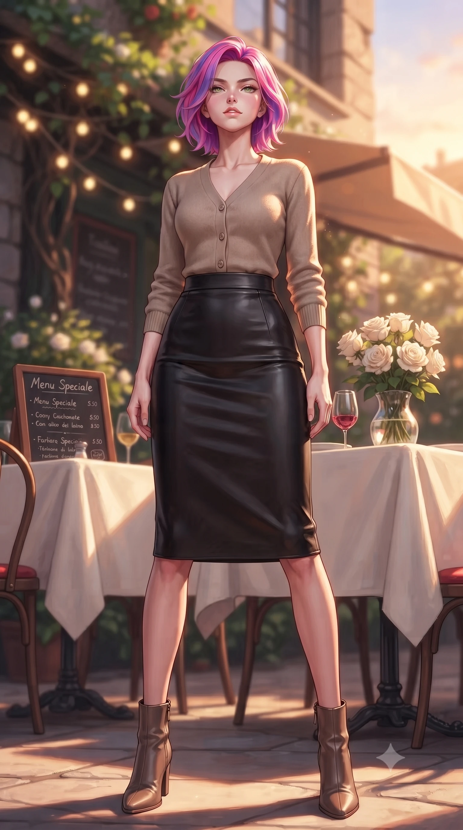 score_9, masterpiece, best quality, ultra-detailed, high-budget anime keyframe, editorial fashion photography, tasteful artistic composition, Caucasian woman. low angle full-body shot from head to toe showing her feet, filling the entire 9:16 vertical frame with her statuesque presence, stretching her vertical silhouette. standing in a captivating power pose, tilting her chin up with a smoldering, bright expression set against a soft-focus background of at an outdoor garden table of a cozy Italian bistro decorated with fairy lights with a small menu board and a vase of white roses on the table. She has an absolutely perfect, statuesque 8.5-heads proportion, an exceptionally tall and slender model-like female figure with impossibly long slender legs and an ultra-slim waist. sharp v-shaped jawline, high-bridge nose, intricate jewel-like eyes with depth, thick eyelashes, glossy lips with a natural sheen. wearing body-hugging tight-fitting cashmere cardigan closed, paired with a sleek leather midi skirt. golden hour sunset light casting long warm shadows on the restaurant table. highly saturated vibrant anime colors, detailed shading with soft gradients, rich glossy textures, high-contrast stereoscopic depth, volumetric dynamic lighting, master piece, 9:16 ratio