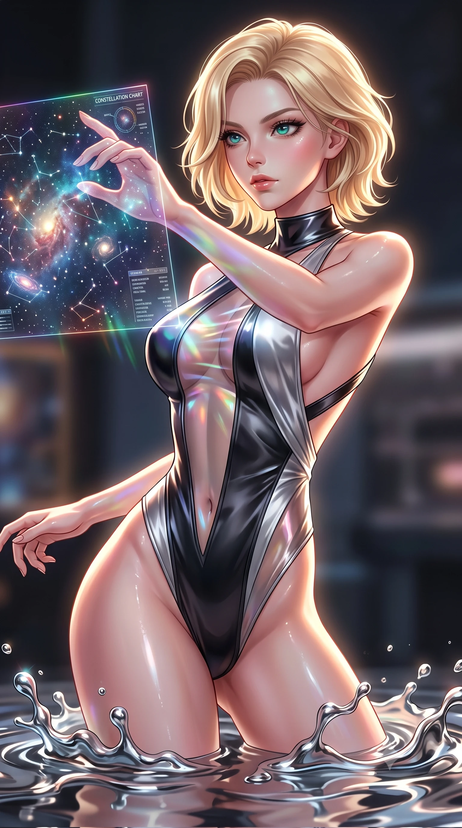 score_9, masterpiece, best quality, ultra-detailed, high-budget anime keyframe, editorial fashion photography, tasteful artistic composition, Caucasian woman. close-up cowboy shot from the waist and thighs up, the character dominates the composition, filling the frame with her large presence, background elements kept in soft focus. Gazing past the lens with composed intensity as her torso curves dynamically in mid-motion while reaching forward to adjust a translucent nebula constellation chart floating in mid-air, liquid mercury corals flowing smooth like molten chrome around her feet. She has an exceptionally elegant, slender, and willowy female figure with an ultra-slim waist, a gracefully sculpted slender torso, and a refined silhouette. sharp v-shaped jawline, high-bridge nose, intricate jewel-like eyes with depth, thick eyelashes, glossy lips with a natural sheen, flawlessly proportioned anatomical accuracy, natural body alignment, perfectly sculpted elegant limbs, clean dynamic posture without body distortion. wearing a high-cut translucent vinyl leotard with front paneling and open back in matte black and polished silver, crafted from lustrous satin jersey with fluid draping, complemented by criss-cross back straps highlighting her bare shoulders, the glove-like fit emphasizing her statuesque silhouette during motion. illuminated by retro lo-fi backlighting and brilliant liquid speculars. highly saturated vibrant anime colors, detailed shading with soft gradients, rich glossy textures, high-contrast stereoscopic depth, volumetric dynamic lighting, master piece, 9:16 ratio