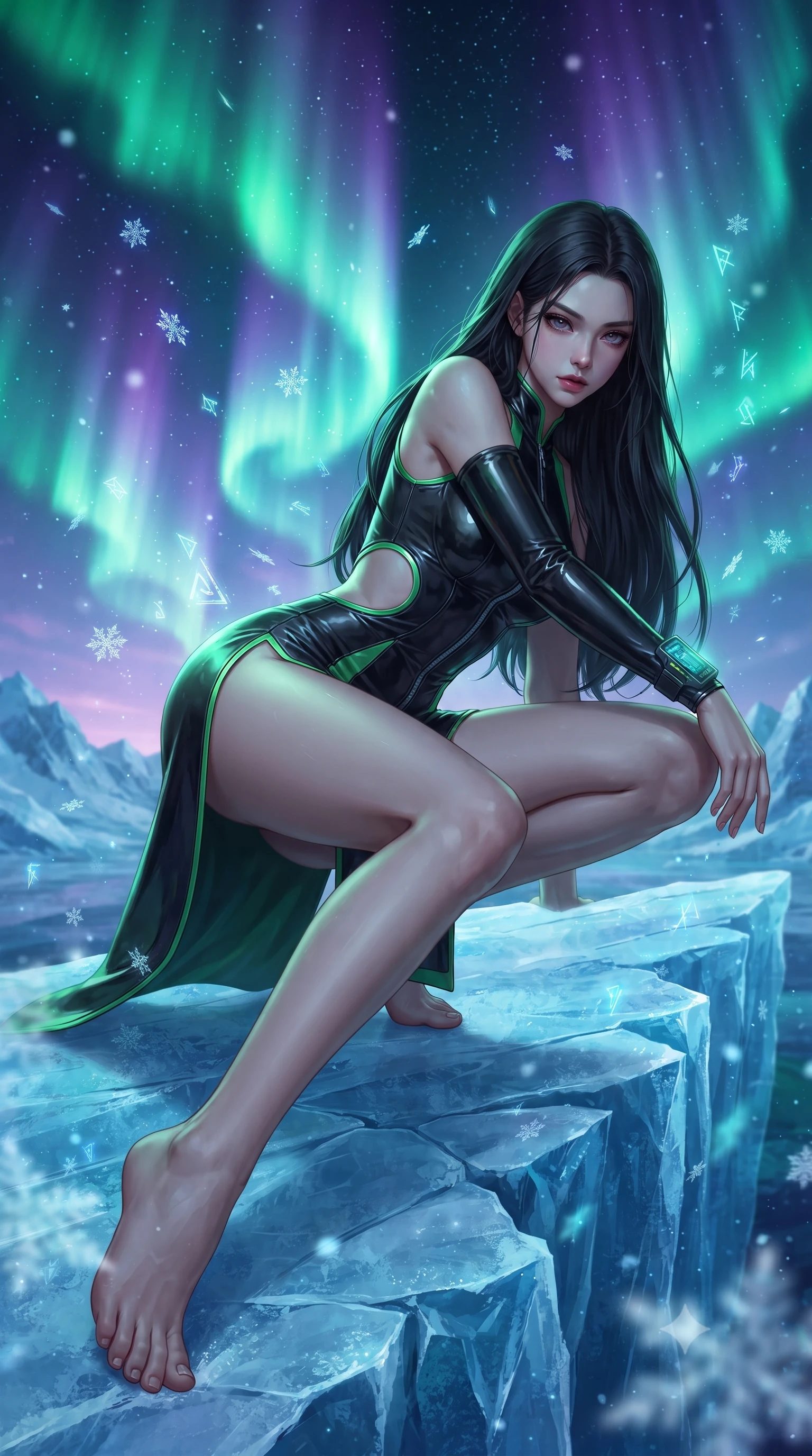 score_9, masterpiece, best quality, ultra-detailed, high-budget anime keyframe, editorial fashion photography, tasteful artistic composition, Korean woman. low angle full-body shot from head to toe showing her feet, filling the entire 9:16 vertical frame with her statuesque presence, stretching her vertical silhouette. reclining on her side in an elegant Cleopatra pose with one knee drawn up, the dramatic contour of her rounded hips and long slender legs commanding the 9:16 vertical frame while crouching low in a kinetic warrior stance on the ice ridge, her athletic feminine curves and sculpted glutes highlighted by aurora ribbons. The composition keeps background elements in soft focus with creamy bokeh. drifting frost crystal flakes and holographic rune glyphs scattering radiant celestial light motes. She has an absolutely perfect, statuesque 8.5-heads proportion, an exceptionally tall and slender model-like female figure with impossibly long slender legs, a toned flat midriff, an ultra-slim waist, and beautifully sculpted feminine hips. sharp v-shaped jawline, high-bridge nose, intricate jewel-like eyes with depth, thick eyelashes, glossy parted lips with a natural sheen, intensely captivating and seductive bedroom-eyes expression, flawlessly proportioned anatomical accuracy, strict slender model proportions, natural body alignment, perfectly sculpted long slender limbs, ultra-slim waistline, clean dynamic posture without body distortion. wearing a sculpted titanium corset mini dress with an open-waist ring cutout and high side hip slit in stealth obsidian black and electric aurora green, tailored from supple second-skin lambskin leather adhering to her curves, equipped with a wrist-mounted miniature holographic display terminal, the glove-like aerodynamic silhouette tightly following the natural contour of her hips and long slender legs with statuesque precision. bathed in vibrant emerald and violet aurora backlighting from the polar sky. ultra-reflective glossy finish, specular highlights, rich textural contrasts, high-contrast stereoscopic depth, volumetric dynamic lighting, 2k, ultra detail, master piece, 9:16 ratio