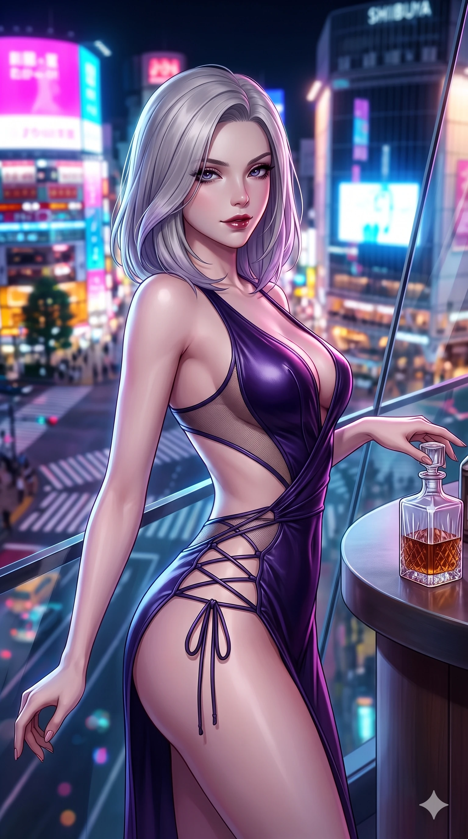 score_9, masterpiece, best quality, ultra-detailed, high-budget anime keyframe, semi-realistic 3D game render, editorial fashion photography, tasteful artistic composition, Caucasian woman. close-up cowboy shot from the waist and thighs up, the character dominates the composition, filling the frame with her large presence. twisting her slender torso in an alluring S-curve while reaching for a vintage crystal decanter, her dark tailored fit highlighting her hourglass curves while leaning back against the angled glass windbreak with hips cocked back, casting an alluring, heavy-lidded bedroom-gaze toward the lens. The background shows a soft-focus the iconic Shibuya scramble crossing, giant LED video billboards, and dense sea of neon lights blurred into electric magenta, cyan, and amber bokeh. She has an exceptionally elegant, slender, and willowy female figure with an ultra-slim waist, flat toned midriff, narrow ribcage, and sculpted feminine hips creating an alluring, slim hourglass silhouette without bulk. sharp v-shaped jawline, high-bridge nose, intricate jewel-like dark sparkling eyes with dangerous depth, thick curled eyelashes, glossy parted lips with a rich wine sheen, smoldering seductive half-smile with bedroom-eyes, exuding effortless superiority and intoxicating dark allure, flawlessly proportioned anatomical accuracy, strict slender model proportions, natural body alignment, perfectly sculpted long slender limbs, ultra-slim waistline, clean dynamic posture without body distortion. wearing a low-slung cutaway leather bodysuit with bare hip flanks and criss-cross cord ties in royal amaranth purple and liquid platinum, featuring strategic sheer-illusion micro-mesh cutouts along her ribcage and hip flanks, featuring fine criss-cross lace-up side ties revealing tantalizing glimpses of her hip curve, the high-slit wrap tailoring accentuating her ultra-slim waistline and the enchanting curve of her feminine hips with alluring seductive charm. bathed in the blinding, radiant glow of a hundred giant LED screens washing upward from the street level. highly saturated vibrant anime colors, detailed shading with soft gradients, rich glossy textures, high-contrast stereoscopic depth, volumetric dynamic lighting, master piece, 9:16 ratio