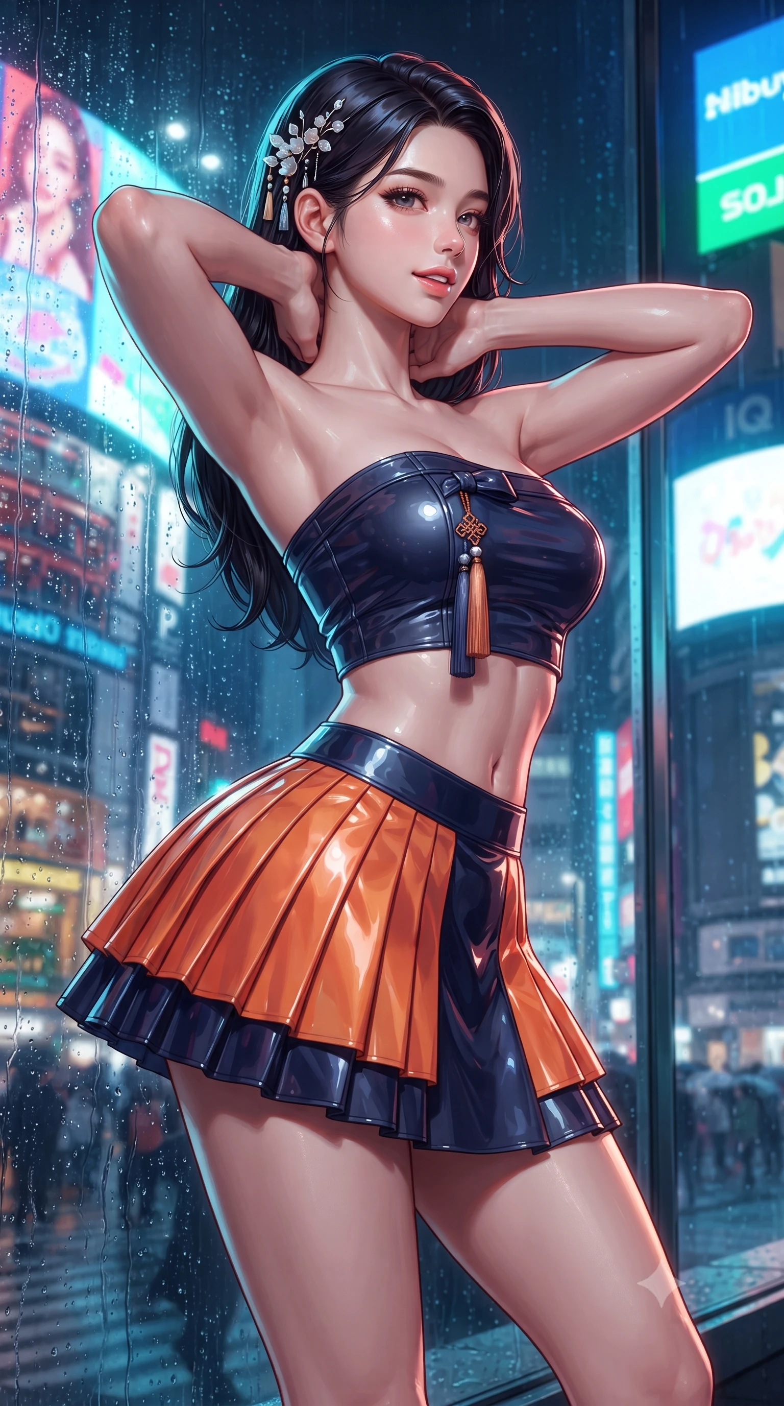 score_9, masterpiece, best quality, ultra-detailed, high-budget anime keyframe, editorial fashion photography, tasteful artistic composition, Japanese woman. close-up cowboy shot from the waist and thighs up, the character dominates the composition, filling the frame with her large presence. resting both hands lightly behind her neck with elbows raised, arching her spine to highlight her narrow waist, flat midriff, and breathtaking collarbones while leaning against the bridge window with hips cocked back, glancing back with an alluring, parted-lip smile as giant screens illuminate her silhouette. The surrounding environment is rendered in vivid detail and crisp panoramic clarity: detailed wet-look vinyl pants cling, glossy lip texture, and Shibuya urban architecture in razor-sharp resolution. She has an exceptionally elegant, slender, and willowy female figure with an ultra-slim waist, flat toned midriff, narrow ribcage, and sculpted feminine hips creating an alluring, slim hourglass silhouette without bulk. sharp v-shaped jawline, high-bridge nose, sparkling eyes with hypnotic seductive depth, thick curled eyelashes, glossy parted lips with a natural dewy peach sheen, alluring bedroom-eyes with an enchanting coquettish smile, exuding magnetic siren charisma and sophisticated glamour, flawlessly proportioned anatomical accuracy, strict slender model proportions, natural body alignment, perfectly sculpted long slender limbs, ultra-slim waistline, clean dynamic posture without body distortion. wearing a modern strapless boned hanbok bustier with traditional norigae tassel accents paired with a micro-pleated silk mini skirt in sunset tangerine orange and deep navy indigo, crafted from wet-look high-gloss vinyl fabric with dazzling specular surface reflections, finished with delicate mother-of-pearl hairpin ornaments glinting in her dark glossy hair, the glove-like clinging cut tightly following the natural contour of her hips and long slender legs with youthful 8.5-heads elegance. illuminated by glass window bounce and sharp electric-cyan rim lights defining her razor-sharp jawline, ultra-slim waist, and curvy hips. ultra-reflective glossy finish, specular highlights, rich textural contrasts, high-contrast stereoscopic depth, volumetric dynamic lighting, 2k, ultra detail, master piece, 9:16 ratio