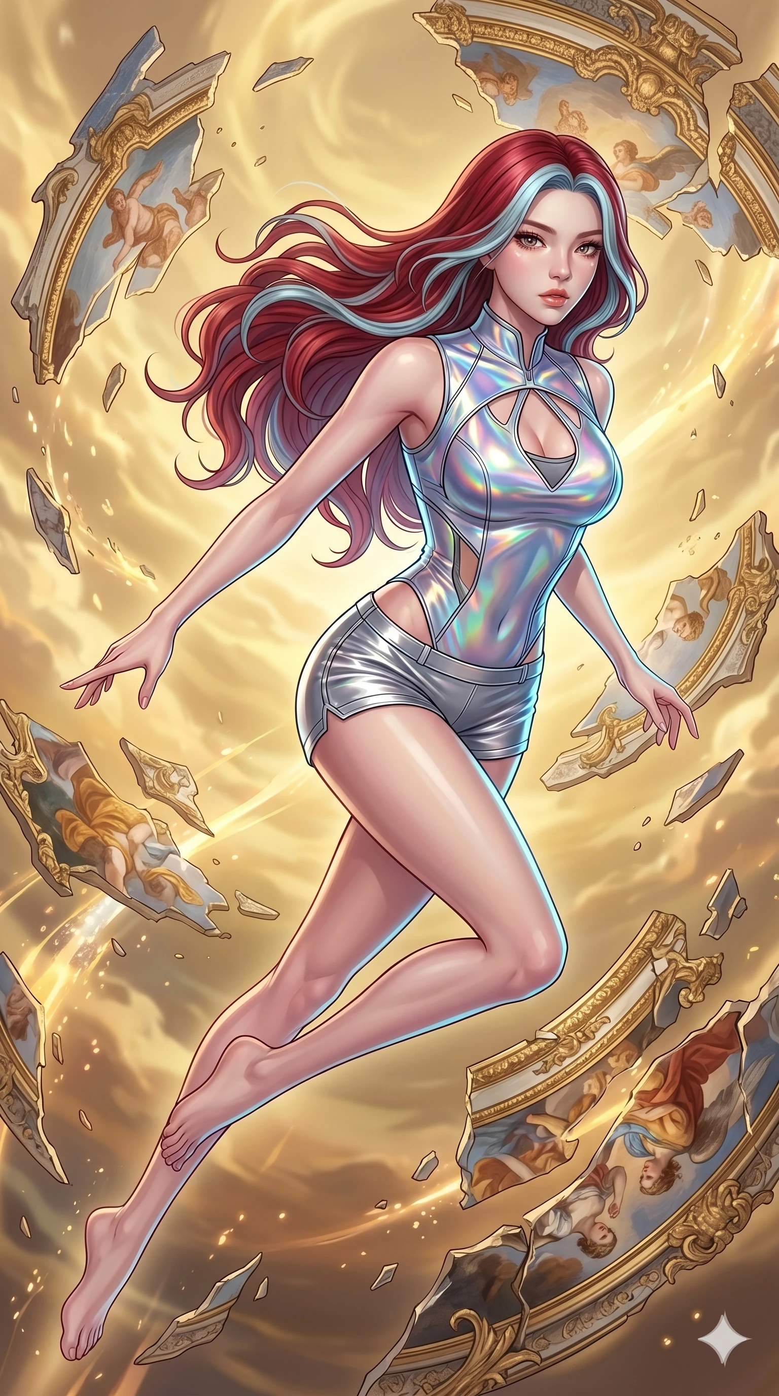 score_9, masterpiece, best quality, ultra-detailed, high-budget anime keyframe, Korean woman. upper body close-up from the thighs up, character filling the screen for maximum presence. propelling herself off digital baroque ceiling fresco shards that float and reassemble in a golden sky. She has an absolutely perfect 8-heads proportion, an exceptionally tall and slender female figure with impossibly long slender legs and an ultra-slim waist. V-shaped jawline, high-bridge nose, intricate jewel-like eyes with depth, thick eyelashes, glossy lips with a natural sheen.. wearing a holographic liquid silk vest and silver metallic micro-shorts, featuring a keyhole cutout and form-fitting silhouette. lit by a soft glowing ambient light and a sharp side key light that traces the sleek contours of her athletic build. 2k, ultra detail, master piece, 9:16 ratio