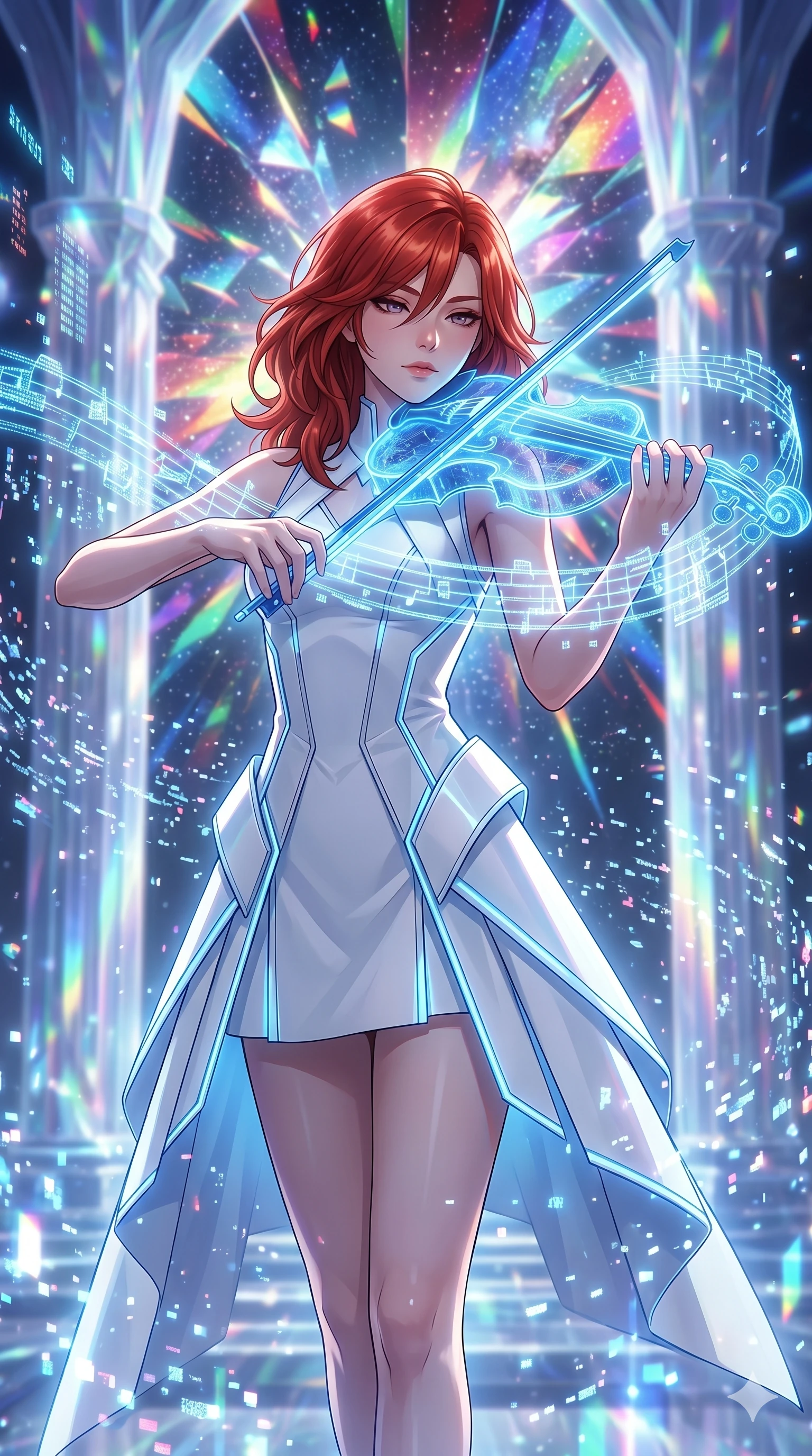 score_9, masterpiece, best quality, ultra-detailed, Set A: High-budget Anime Keyframe, Japanese woman. Upper body close-up from the thighs up, character filling the screen for maximum presence. Theme: Abstract Cosmic. playing a holographic violin in a temple made of solid light, with a look of serene power as the sky splits into 248 colors. The atmosphere is filled with a blizzard of digital pixels. She has an absolutely perfect 8-heads proportion, an exceptionally tall and slender female figure with impossibly long slender legs and an ultra-slim waist. Sharp v-shaped jawline, high-bridge nose, intricate jewel-like eyes with depth, glossy lips. Wearing Minimalist architectural white dress with sharp angles and glowing blue trim. Cinematic lighting, vivid colors, dramatic shadows, 2k, ultra detail, master piece, 9:16 ratio
