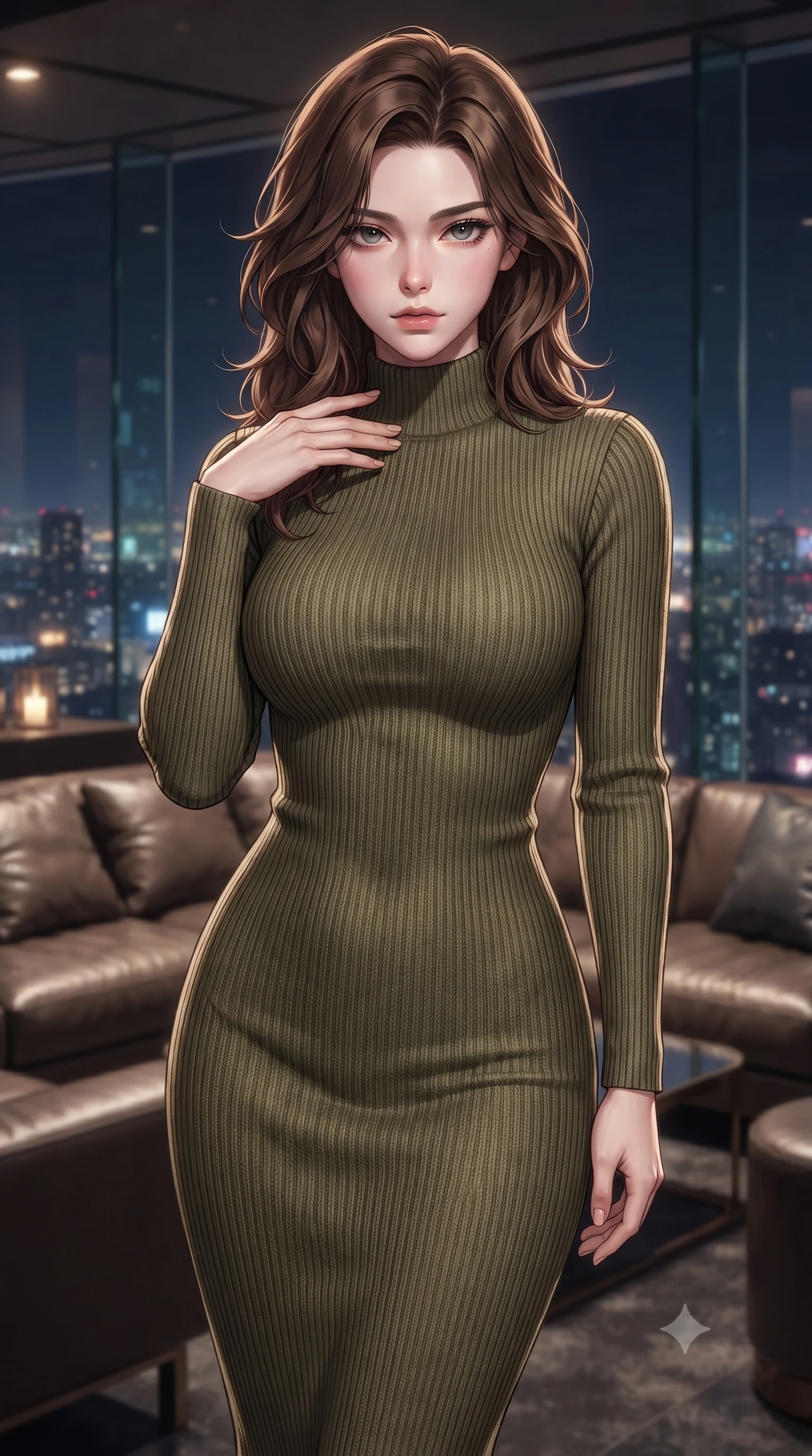 score_9, masterpiece, best quality, ultra-detailed, high-budget anime keyframe, editorial fashion photography, tasteful artistic composition, Korean woman. close-up cowboy shot from the waist and thighs up, the character dominates the composition, filling the frame with her large presence, background elements kept in soft focus. standing with one hand resting on her collarbone, looking at the viewer with bedroom-eyes the background shows a soft-focus a helipad lounge bar with leather sofas and panoramic views of the city at night. She has an exceptionally elegant, slender, and willowy female figure with an ultra-slim waist, a gracefully sculpted slender torso, and a refined silhouette. sharp v-shaped jawline, high-bridge nose, intricate jewel-like eyes with depth, thick eyelashes, glossy lips with a natural sheen. wearing a body-hugging form-contouring ribbed knit bodycon midi dress in olive green, tracing her slender silhouette with a high neck. soft spotlighting highlighting the silk textures of her gown. ultra-reflective glossy finish, specular highlights, metallic sheen, high-contrast stereoscopic depth, volumetric dynamic lighting, 2k, ultra detail, master piece, 9:16 ratio