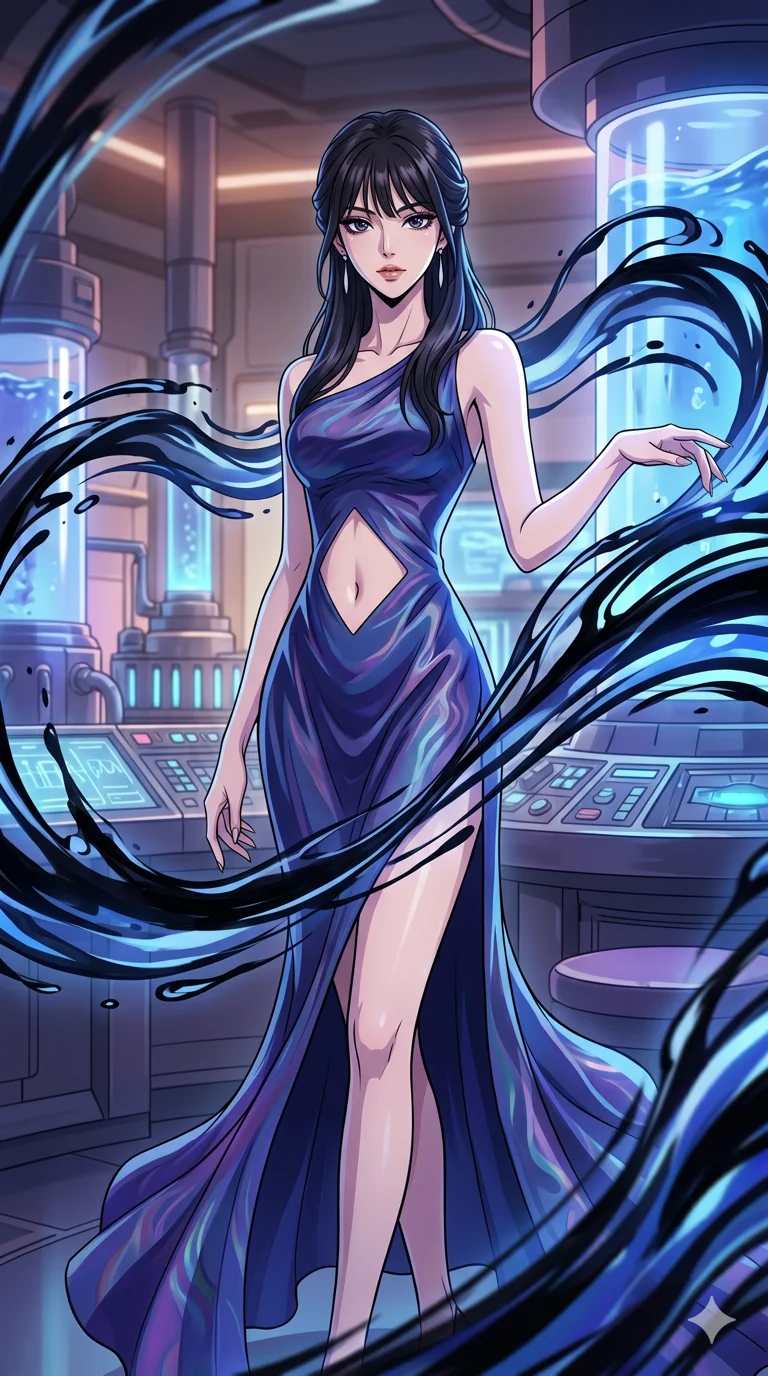 score_9, masterpiece, best quality, ultra-detailed, High-budget Anime Keyframe, vibrant colors, fluid line-art, expressive lighting, cinematic composition, Ufotable-style visual effects, top-tier animation quality, Korean woman with idol-like refined features. Medium shot from the thighs up, her commanding presence occupying two-thirds of the frame. Gracefully weaving through a sea of swirling ink waves that pulse with rhythmic energy. She has an absolutely perfect 8-heads proportion, an exceptionally tall and slender female figure with impossibly long slender legs and an ultra-slim waist, her statuesque height and towering silhouette dominating the vertical 9:16 frame. Her face is a masterpiece featuring a sharp v-shaped jawline, high-bridge nose, intricate jewel-like eyes with depth, thick eyelashes, and glossy lips with a natural sheen. She is wearing a Flowing silk gown that ripples like liquid, featuring a small diamond-shaped cutout at the navel. The scene is set in a futuristic vibration lab filled with glowing resonators and liquid displays. 2k, ultra detail, master piece, 9:16 ratio