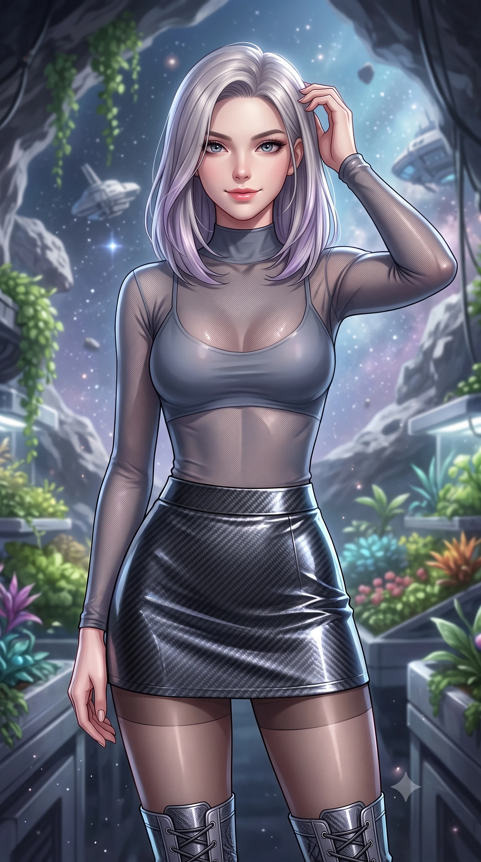 score_9, masterpiece, best quality, ultra-detailed, high-budget anime keyframe, editorial fashion photography, tasteful artistic composition, Caucasian woman. close-up cowboy shot from the waist and thighs up, the character dominates the composition, filling the frame with her large presence, background elements kept in soft focus. slowly running a hand through her hair, smiling with quiet, magnetic self-assurance directly into the camera, the background shows a soft-focus a floating asteroid greenhouse cavern with hydroponic flora and stardust. She has an exceptionally elegant, slender, and willowy female figure with an ultra-slim waist, a gracefully sculpted slender torso, and a refined silhouette. sharp v-shaped jawline, high-bridge nose, intricate jewel-like eyes with depth, thick eyelashes, glossy lips with a natural sheen. wearing a form-contouring semi-transparent mesh top in slate grey, paired with a carbon-fiber mini skirt and sheer stockings. cosmic background light painting the greenhouse plants in a soft wash. ultra-reflective glossy finish, specular highlights, metallic sheen, high-contrast stereoscopic depth, volumetric dynamic lighting, 2k, ultra detail, master piece, 9:16 ratio