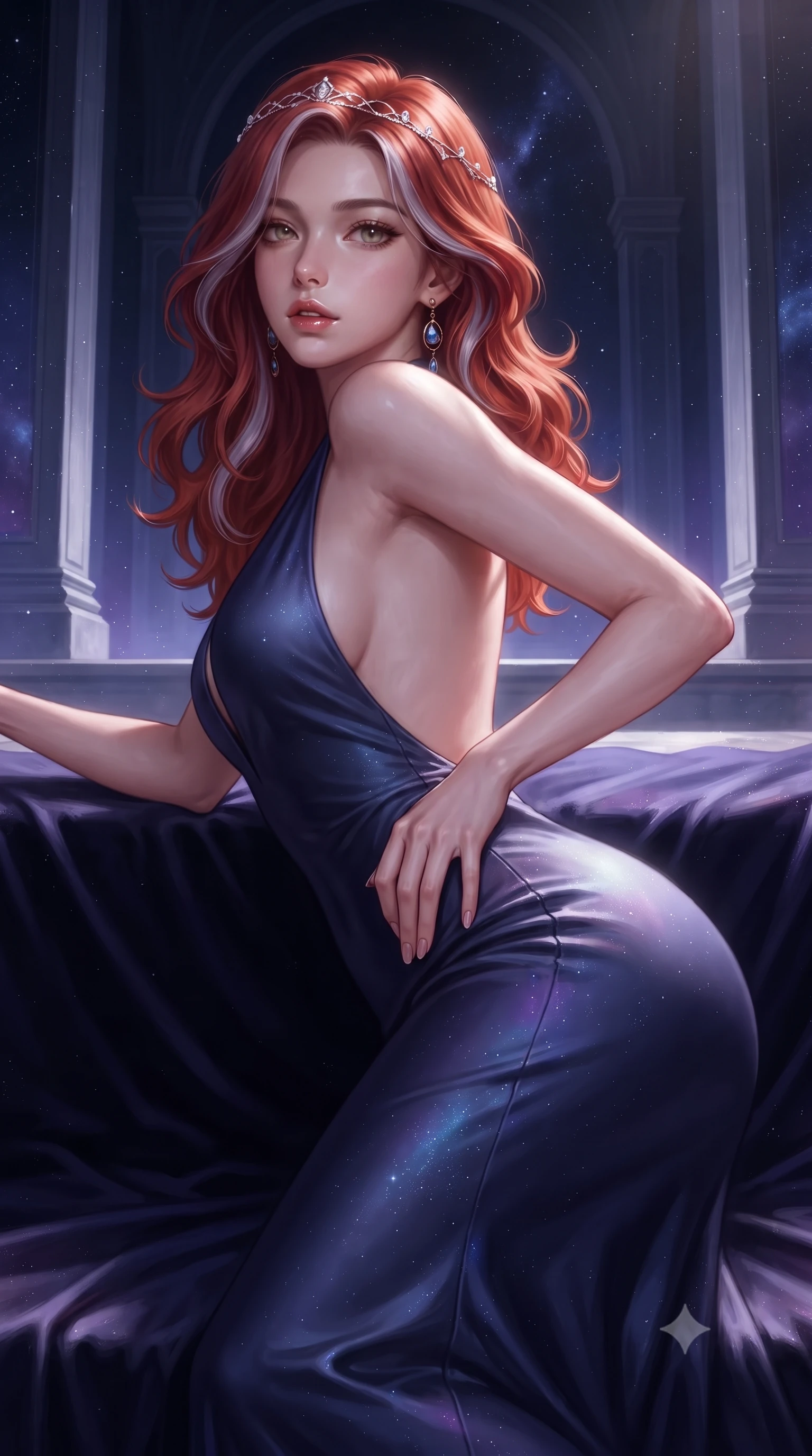 score_9, masterpiece, best quality, ultra-detailed, high-budget anime keyframe, editorial fashion photography, tasteful artistic composition, Caucasian woman. close-up cowboy shot from the waist and thighs up, the character dominates the composition, filling the frame with her large presence. resting one manicured hand delicately on her hip bone, her upper body turning in a fluid, seductive S-curve while parted lips glisten in the light while reclining on a velvet-lined observation platform propped on one elbow, looking back over her shoulder with an intoxicating bedroom-gaze. The surrounding environment is rendered in vivid detail and crisp panoramic clarity. monumental high-contrast cosmic chiaroscuro and sacred astronomical sanctuary architecture in precision. She has an exceptionally elegant, slender, and willowy female figure with an ultra-slim waist, a gracefully sculpted slender torso, toned flat midriff, and rounded feminine hips creating an alluring hourglass silhouette. sharp v-shaped jawline, high-bridge nose, intricate jewel-like eyes with depth, thick eyelashes, glossy parted lips with a natural sheen, intensely captivating and seductive bedroom-eyes expression, flawlessly proportioned anatomical accuracy, strict slender model proportions, natural body alignment, perfectly sculpted long slender limbs, ultra-slim waistline, clean dynamic posture without body distortion. wearing a liquid silk jersey evening gown with an ultra-deep plunging open back and a sculpted hip-hugging silhouette in deep nebula indigo and celestial starlight violet, tailored from ultra-smooth duchess satin with a pearlescent celestial sheen, accessorized with a delicate crystal circlet and celestial brass drop earrings, the glove-like aerodynamic silhouette tightly following the natural contour of her hips and long slender legs with statuesque precision. surrounded by a celestial, immortal, and deeply hypnotic cosmos sovereign aura. ultra-reflective glossy finish, specular highlights, rich textural contrasts, high-contrast stereoscopic depth, volumetric dynamic lighting, 2k, ultra detail, master piece, 9:16 ratio