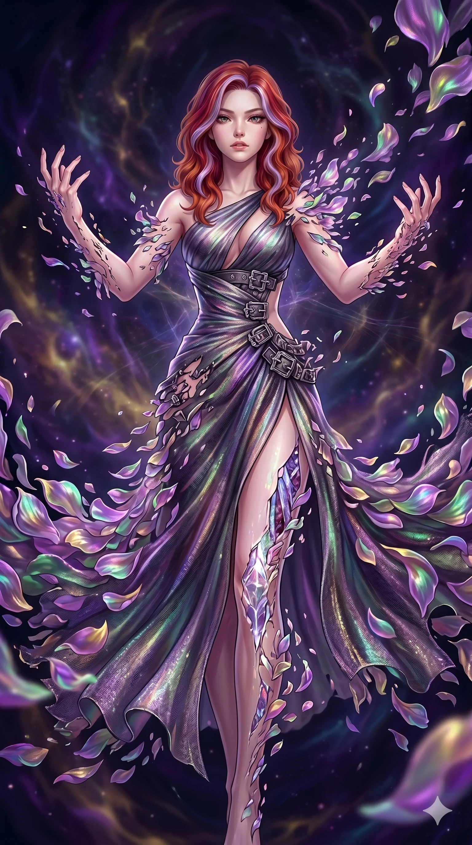 score_9, masterpiece, best quality, ultra-detailed, High-budget Anime Keyframe, East Asian woman. Low angle cowboy shot filling the entire 9:16 frame with her statuesque presence. Scenario 71: Dissolving into a cloud of iridescent silk petals in a void. Her presence is magnetic and overpowering in this high-budget anime scene. Outfit 71: A shimmering chiffon dangerous with a thigh-high slit and metallic buckles. The clothing is designed to emphasize her exceptionally tall and slender 8-heads proportion. 8-heads proportion, towering silhouette, ultra-slim waist. sharp v-shaped jawline, intricate jewel-like eyes with depth, thick eyelashes, glossy lips. 2k, ultra detail, master piece, 9:16 ratio